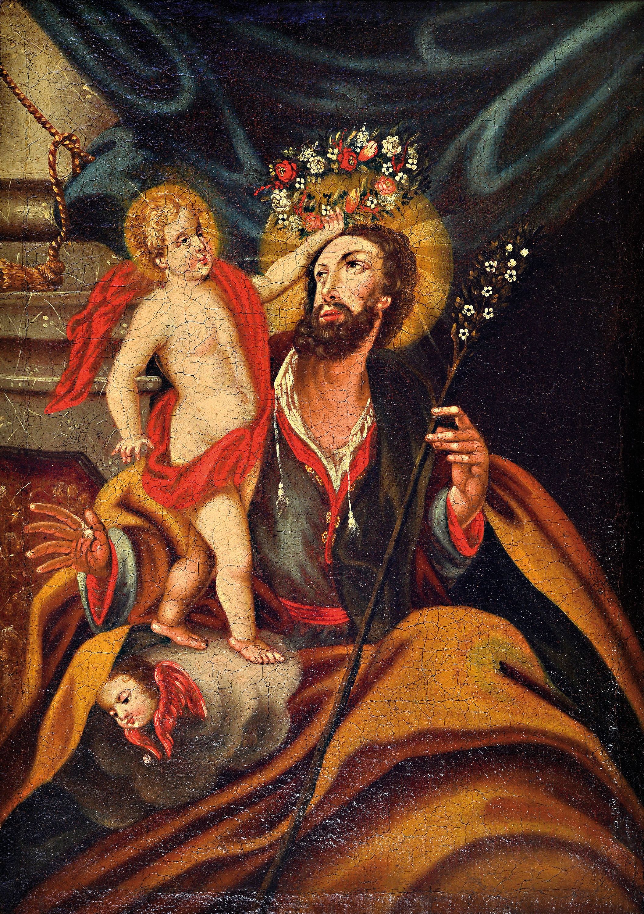 Barockgemälde des 18.Jh., Hl. Joseph mit erblühtem Hirtenstab, bekrönt durch Putto, Öl/Lwd, stark krakeliert, restauriert, deutliche ...