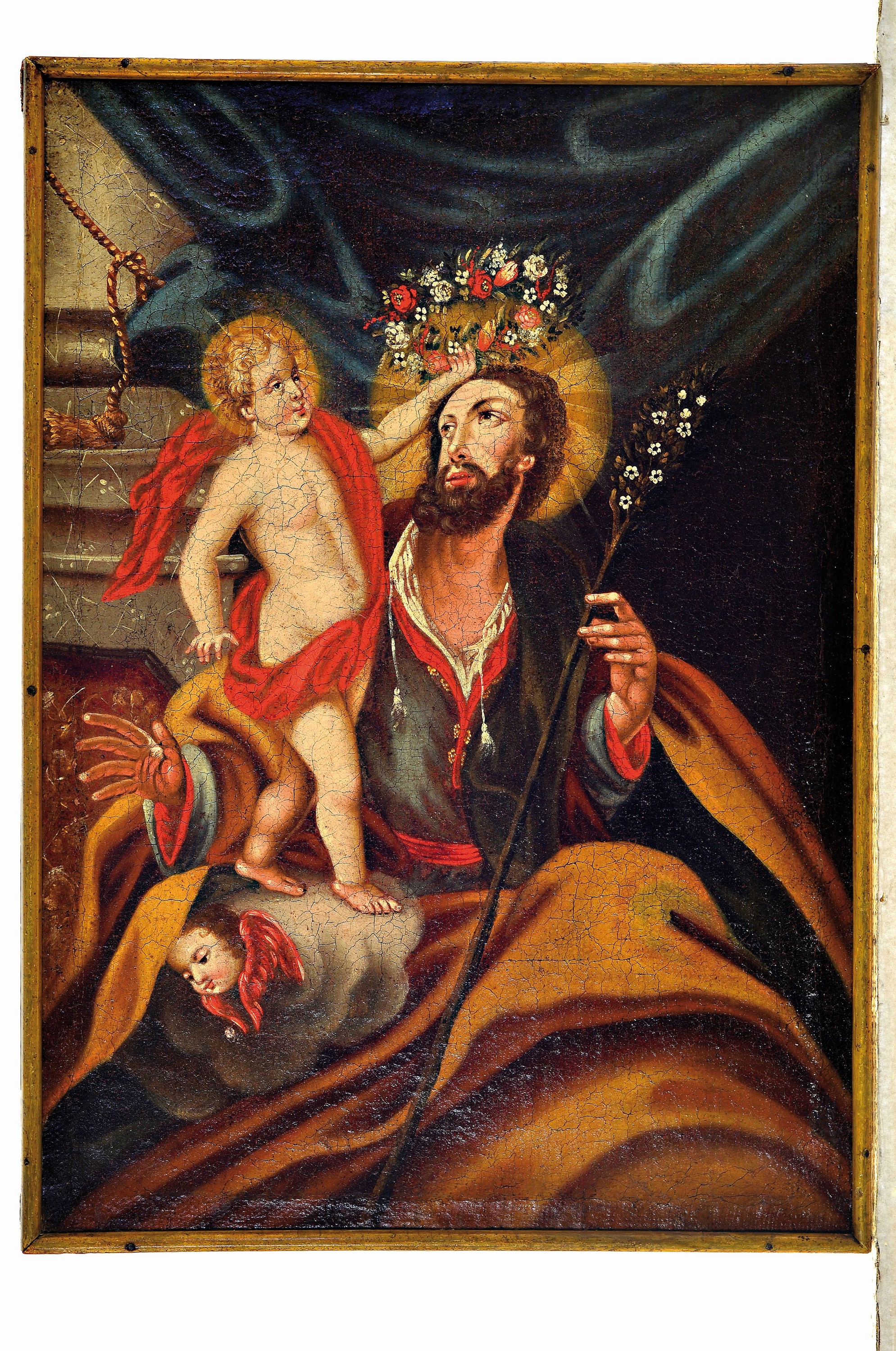 Detail k: Barockgemälde des 18.Jh., Hl. Joseph mit erblühtem Hirtenstab, bekrönt durch Putto, Öl/Lwd, stark krakeliert, restauriert, deutliche ...