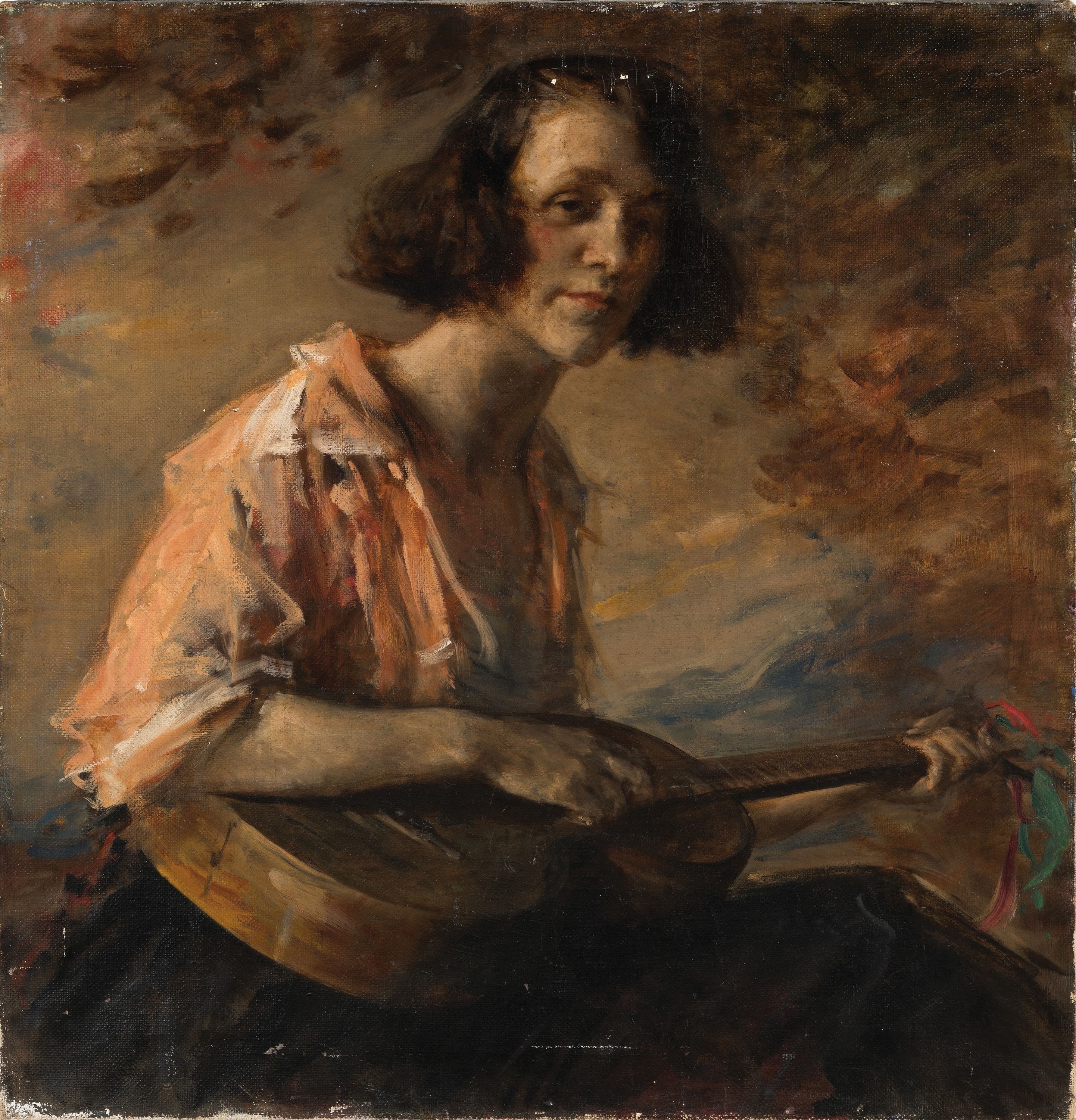Ludwig Angerer, 1891 Thalheim b. Wels-1948, Frauenbildnis, junge Frau mit Mandoline, rechts oben signiert und datiert 1924, Öl/Lwd,82x80 cm, ...