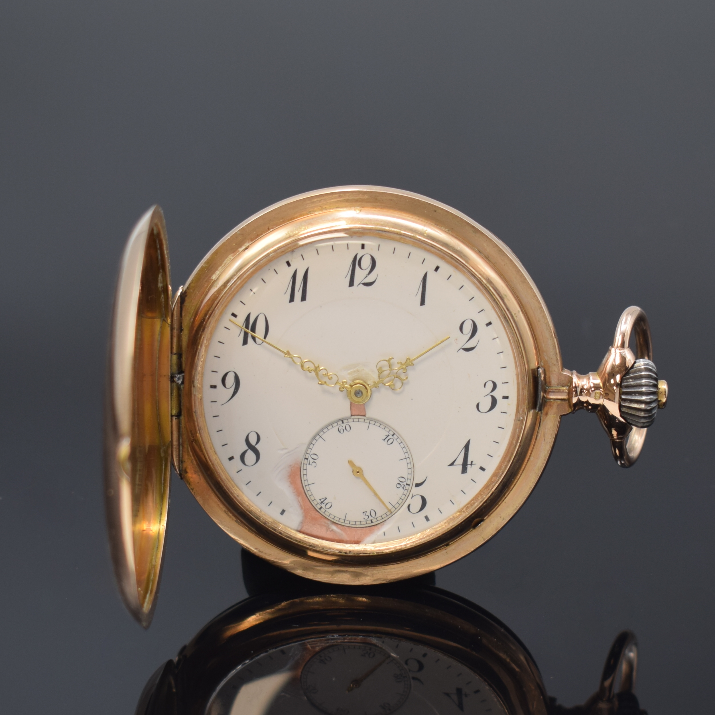 IWC Savonette Herrentaschenuhr in RoseG 585/000, Schweiz um 1914, glattes 3 Deckel Goldgeh. dell., ?-Goutte-Schlösse, Sprungdeckel mit ...