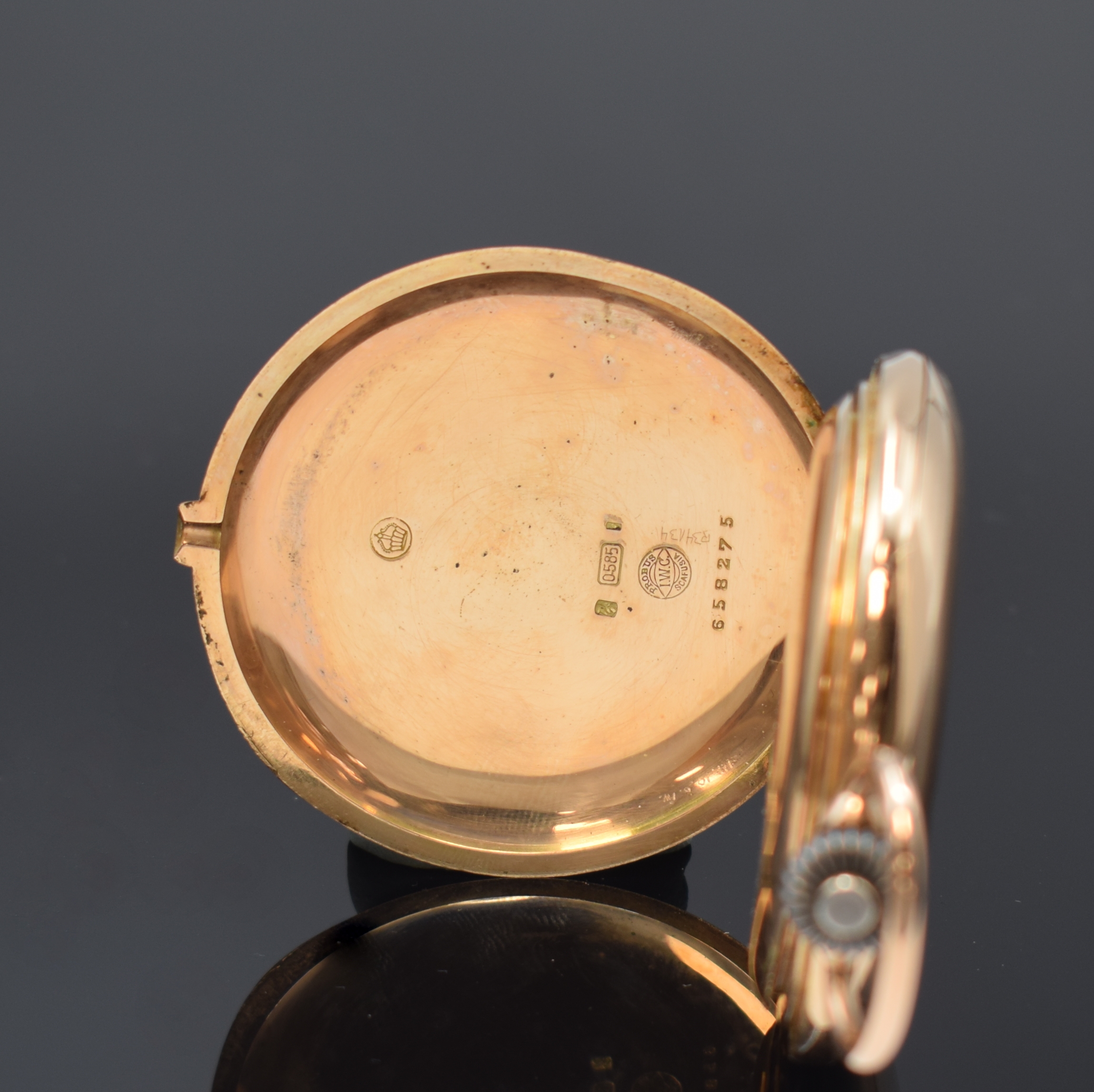 Detail d: IWC Savonette Herrentaschenuhr in RoseG 585/000, Schweiz um 1914, glattes 3 Deckel Goldgeh. dell., ?-Goutte-Schlösse, Sprungdeckel mit ...