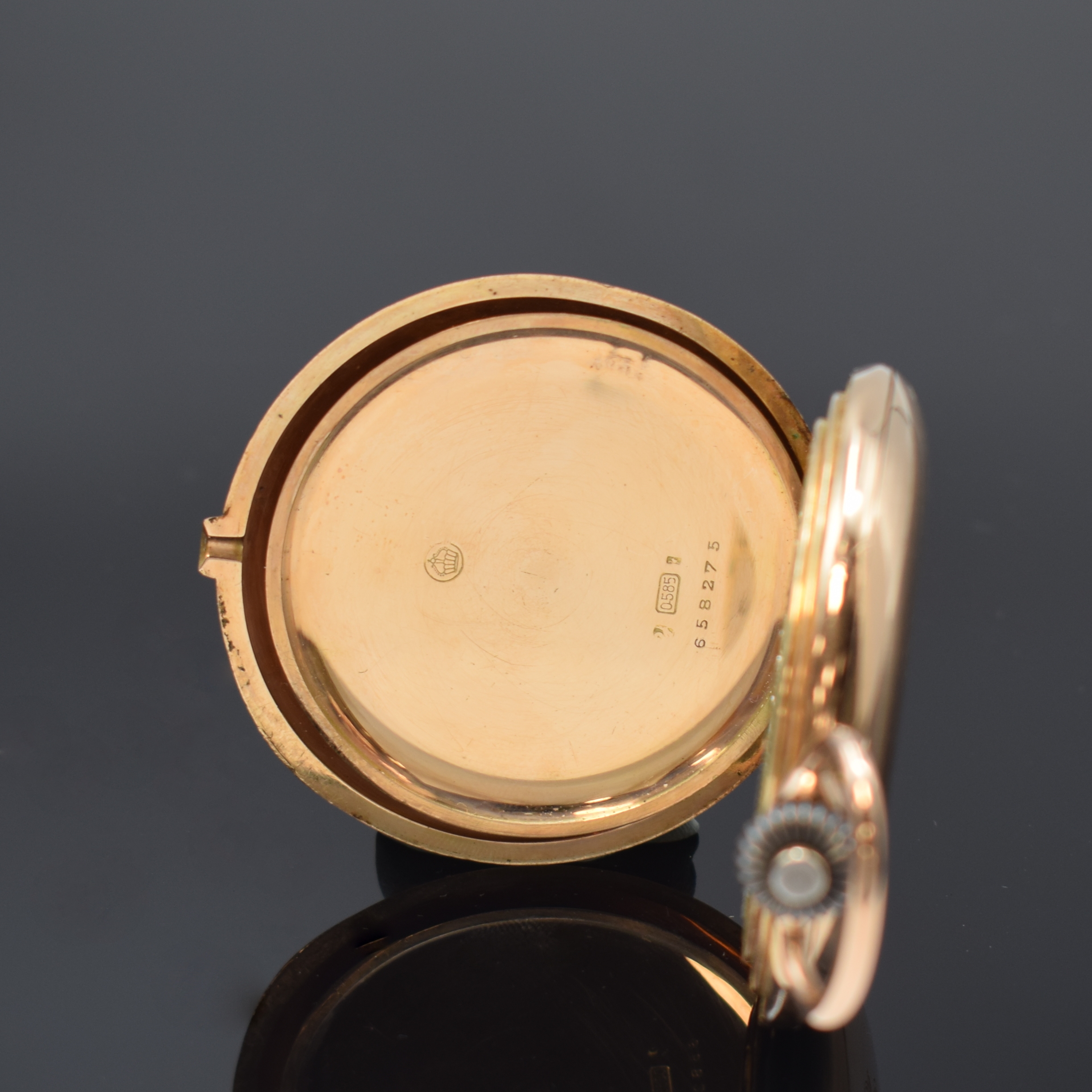 Detail f: IWC Savonette Herrentaschenuhr in RoseG 585/000, Schweiz um 1914, glattes 3 Deckel Goldgeh. dell., ?-Goutte-Schlösse, Sprungdeckel mit ...