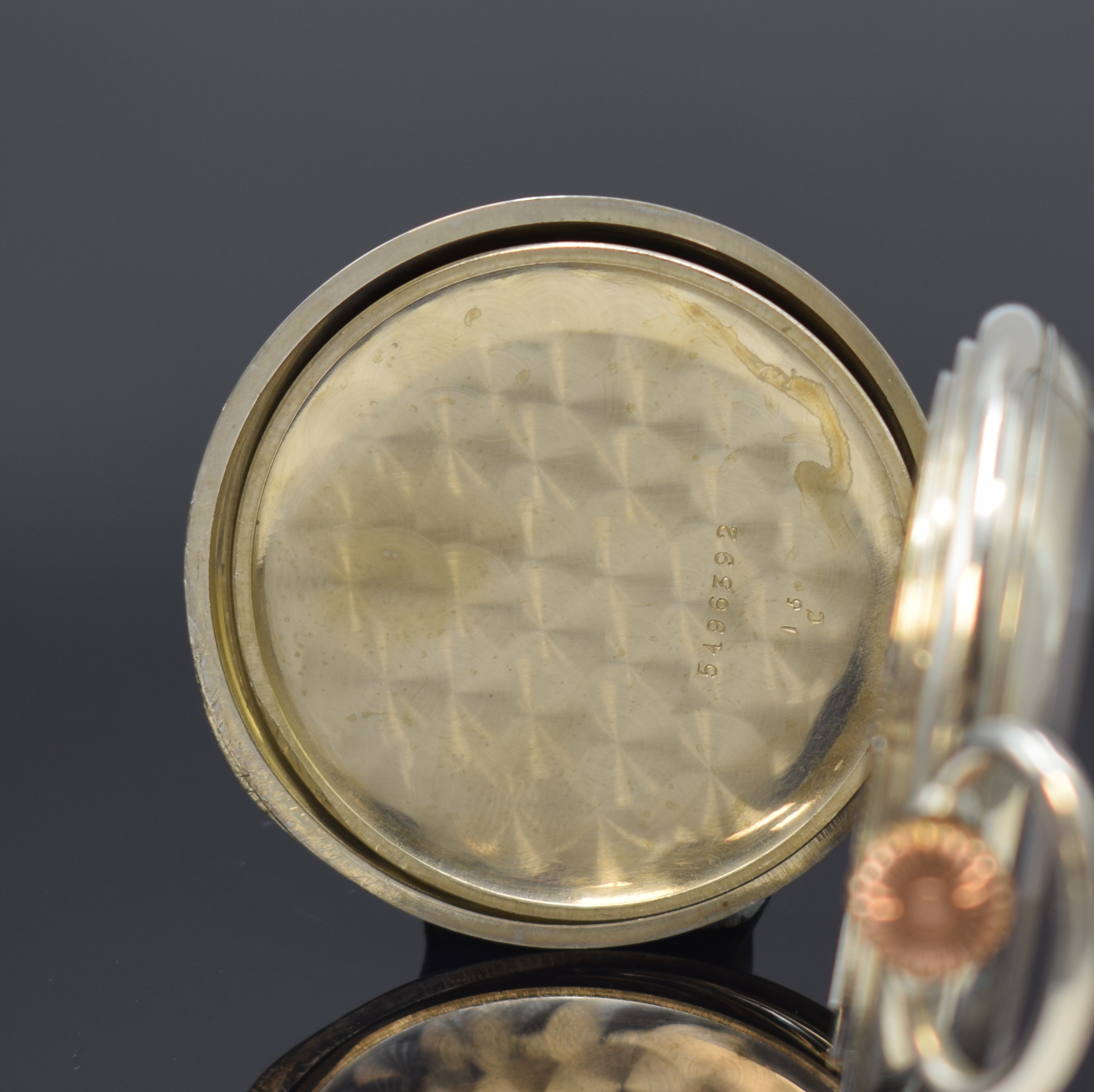 Detail d: OMEGA / F. JENSEN offene Herrentaschenuhr, Schweiz um 1910, Nickelgeh., Emailzifferbl. m. fetten röm. Std. l. riss., gebl. Zeiger, kl. Sek., Werk ...