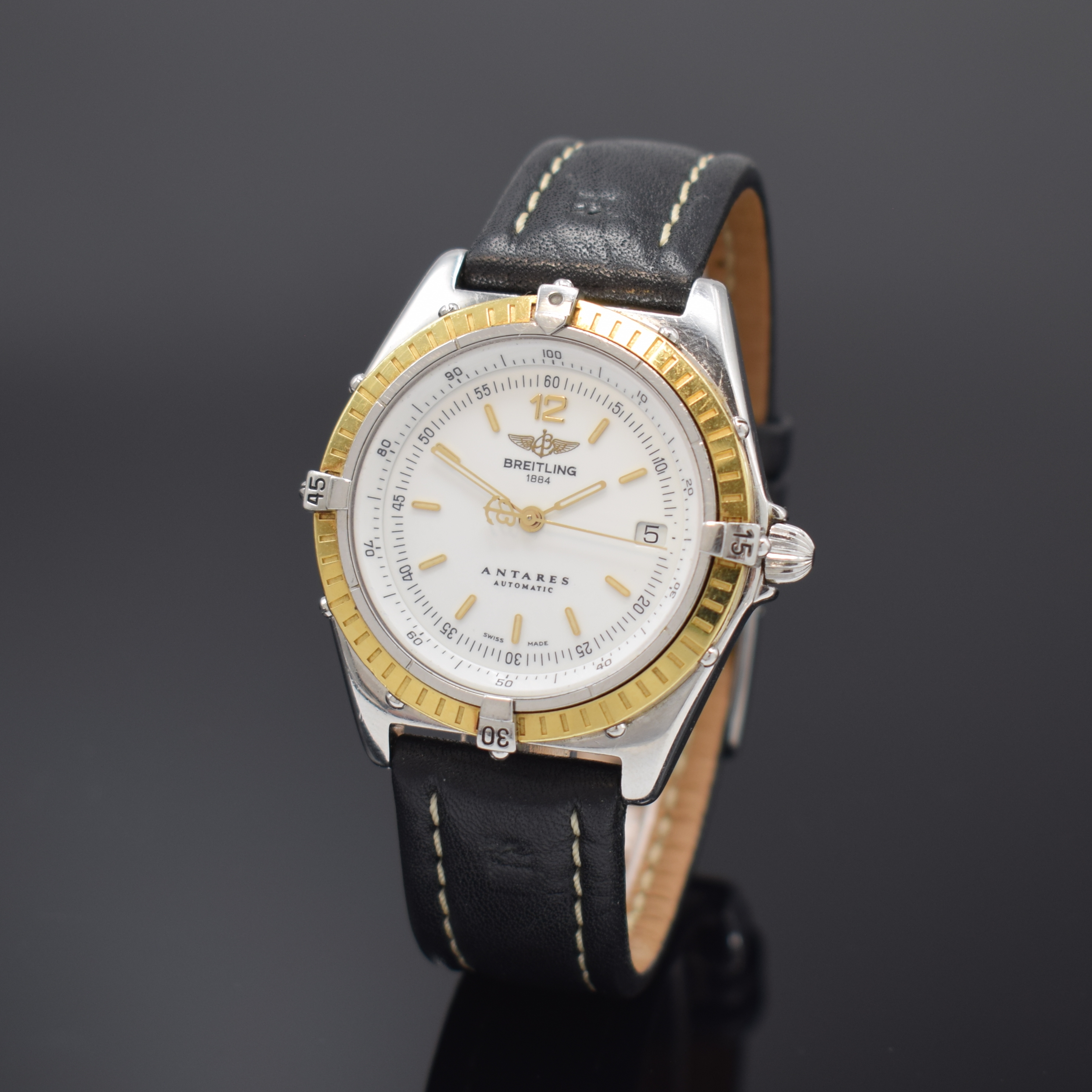 BREITLING Herrenarmbanduhr Antares Referenz D10047, Automatik, Schweiz um 1995, Edelstahl/Gold kombiniert inkl. Lederband m. orig. Dornschl., Boden ...