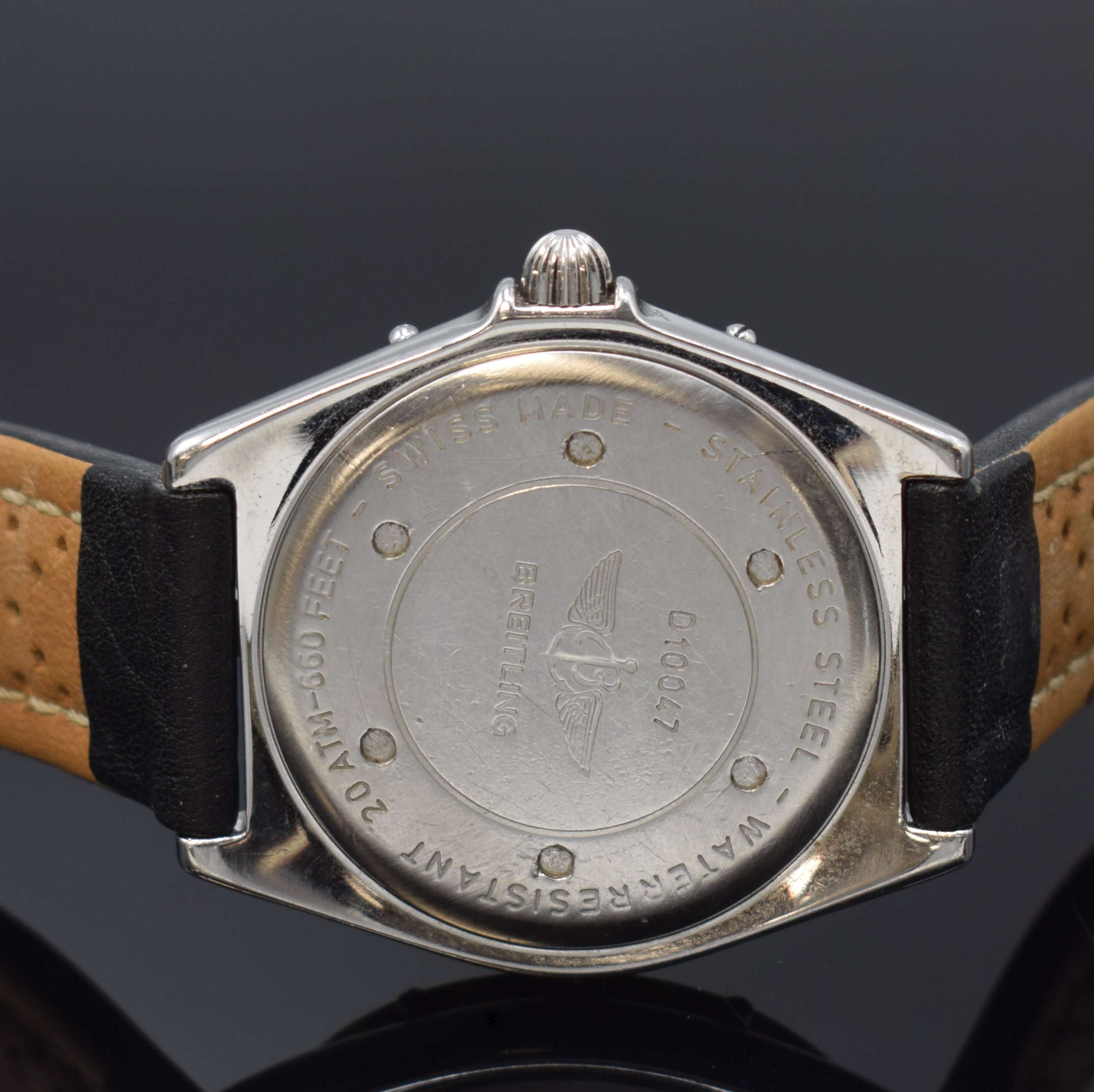 Detail d: BREITLING Herrenarmbanduhr Antares Referenz D10047, Automatik, Schweiz um 1995, Edelstahl/Gold kombiniert inkl. Lederband m. orig. Dornschl., Boden ...