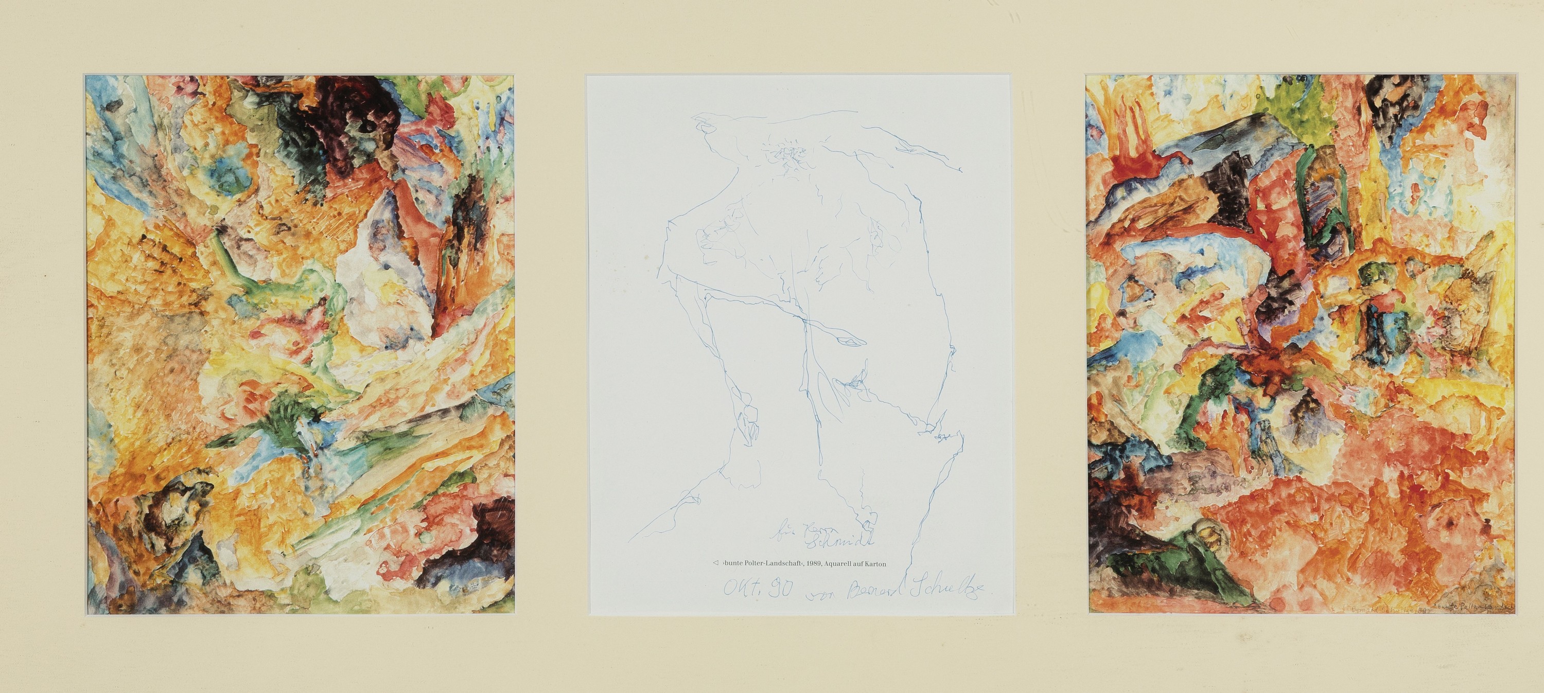 Bernard Schultze, Zeichnung und zwei Offsets bunte Polger-Landschaft, Zeichnung mit Widmung und Datierung Okt. 90, zeichnung ca. 25 x 20cmKomplett: ...