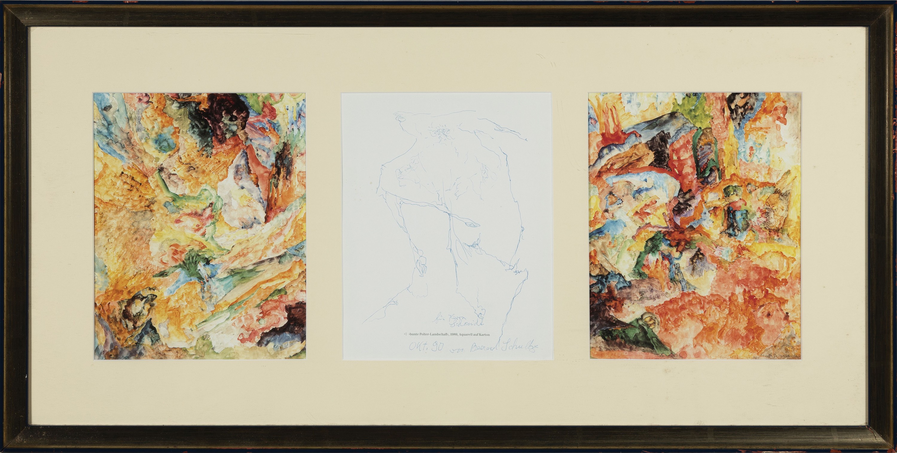Detail k: Bernard Schultze, Zeichnung und zwei Offsets bunte Polger-Landschaft, Zeichnung mit Widmung und Datierung Okt. 90, zeichnung ca. 25 x 20cmKomplett: ...