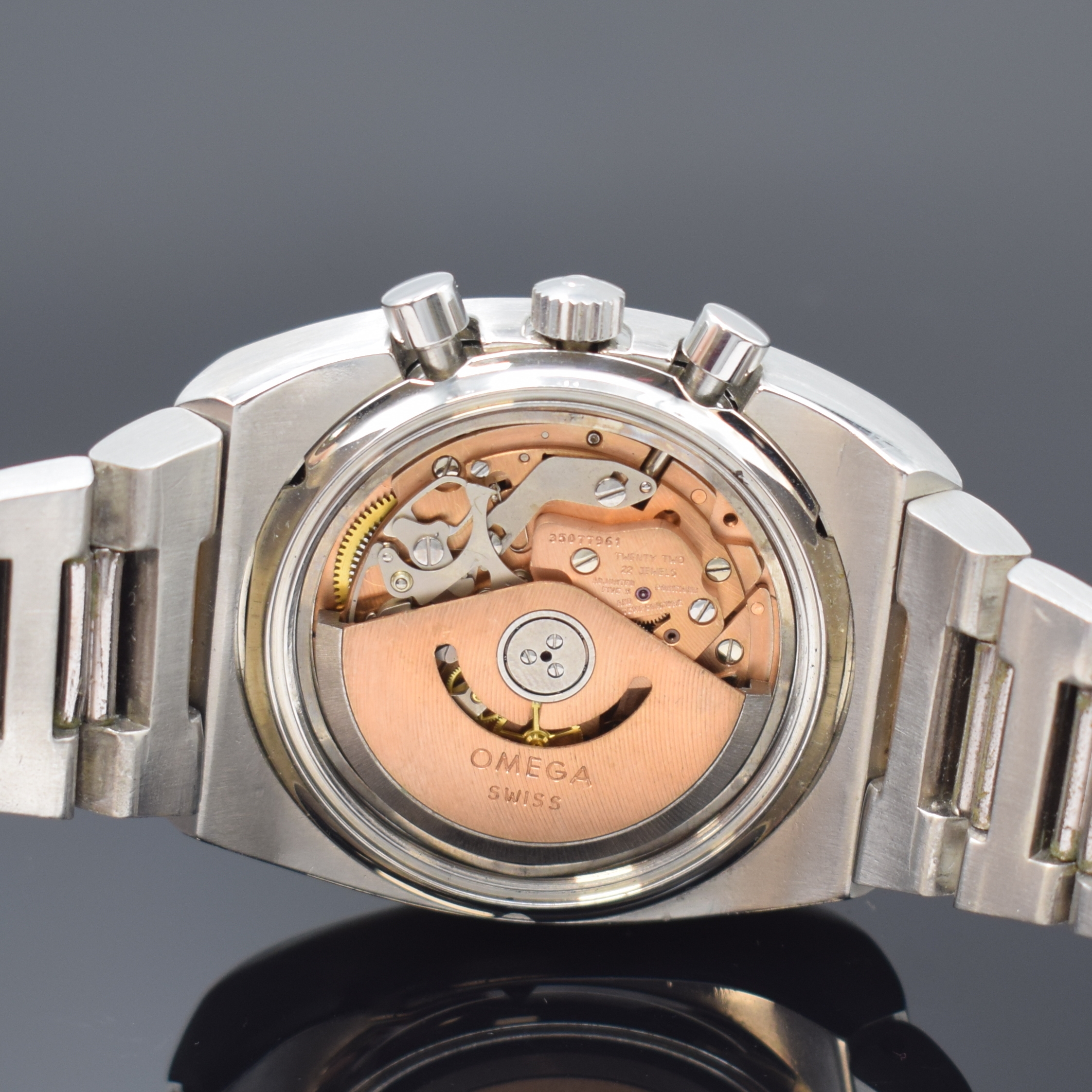 Detail f: OMEGA Herrenchronograph Speedmaster 125 Chronometer Referenz 3780801/1780002, Schweiz um 1973, Automatik, Edelstahl inkl. orig. Gliederband m. ...