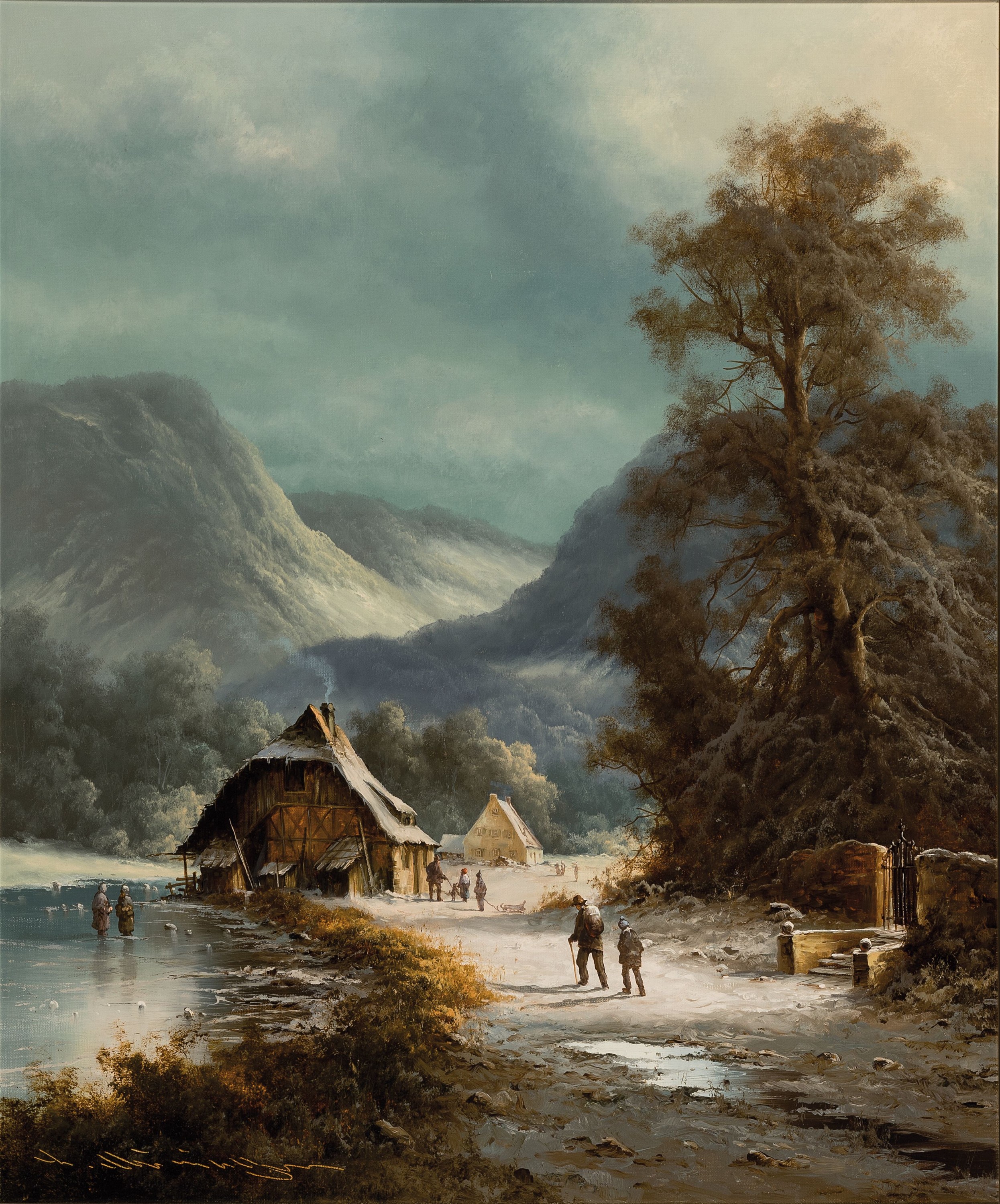 Ludwig Muninger, 1929 Lechhausen-1997 Westheim, winterliche Vorgebirgslandschaft mit Wanderern am Fluss, stimmungsvolle Malerei, Öl/Lwd, links unten ...