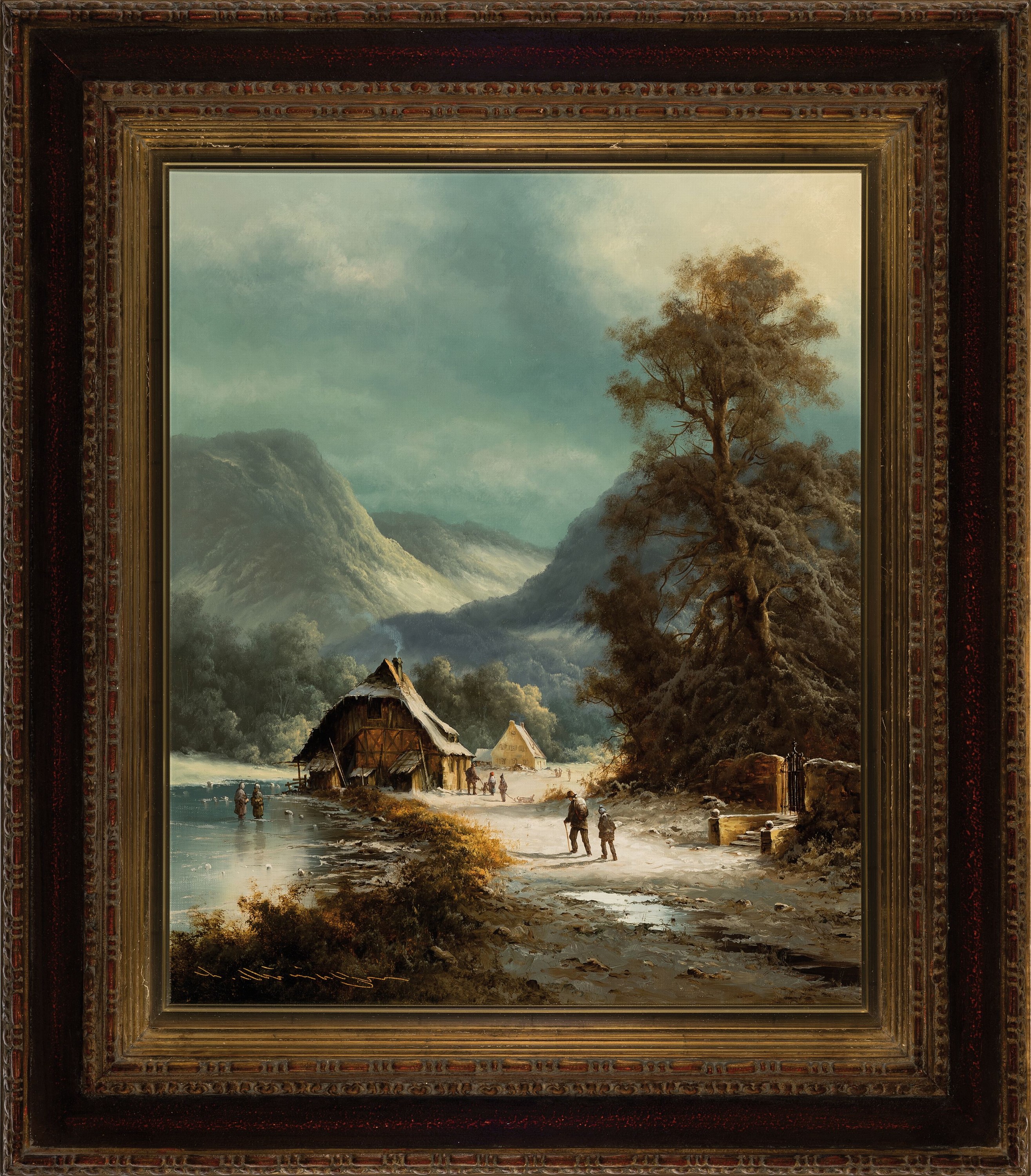 Detail k: Ludwig Muninger, 1929 Lechhausen-1997 Westheim, winterliche Vorgebirgslandschaft mit Wanderern am Fluss, stimmungsvolle Malerei, Öl/Lwd, links unten ...