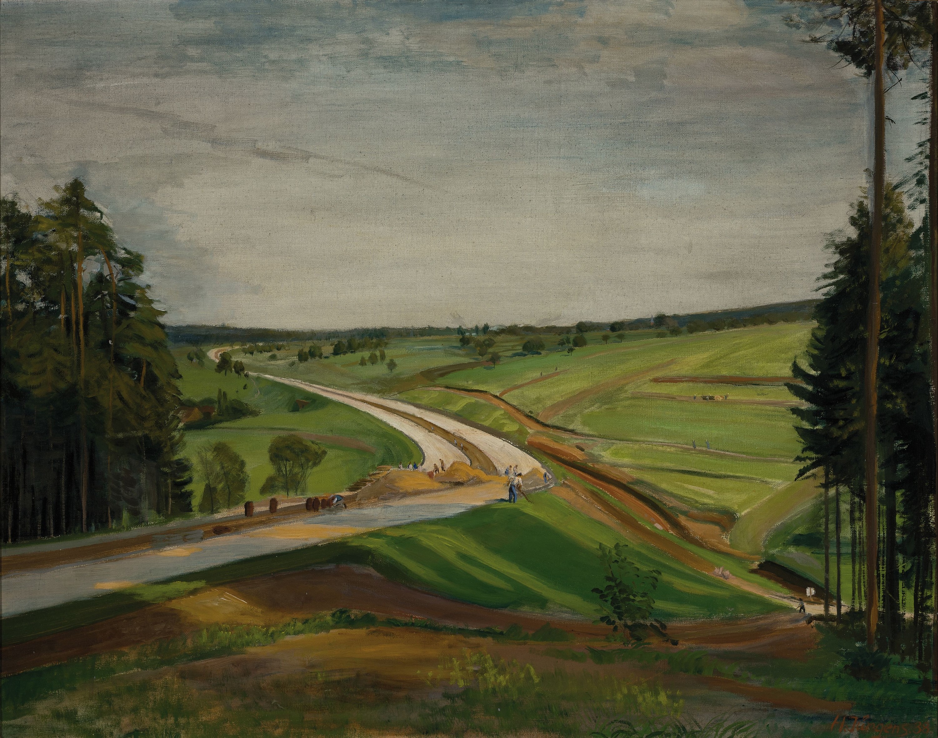 Herrmann Jürgens, 1914 Heidelberg-1967 Homburg, Darstellung Bau der Reichsautobahn bei Mutschelbach (A8 Karlsruhe/Pforzheim), 1938, rechts unten ...