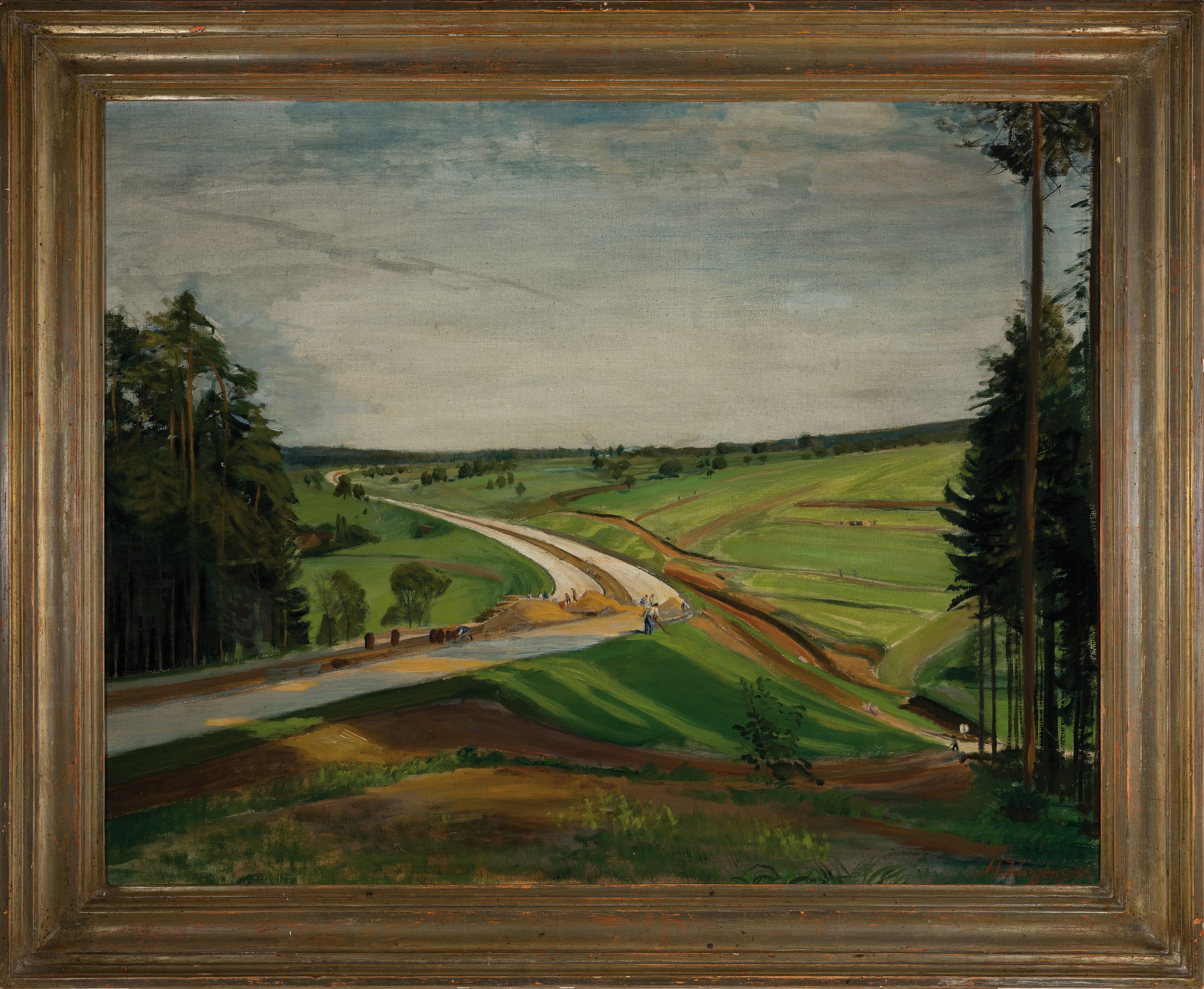 Detail k: Herrmann Jürgens, 1914 Heidelberg-1967 Homburg, Darstellung Bau der Reichsautobahn bei Mutschelbach (A8 Karlsruhe/Pforzheim), 1938, rechts unten ...