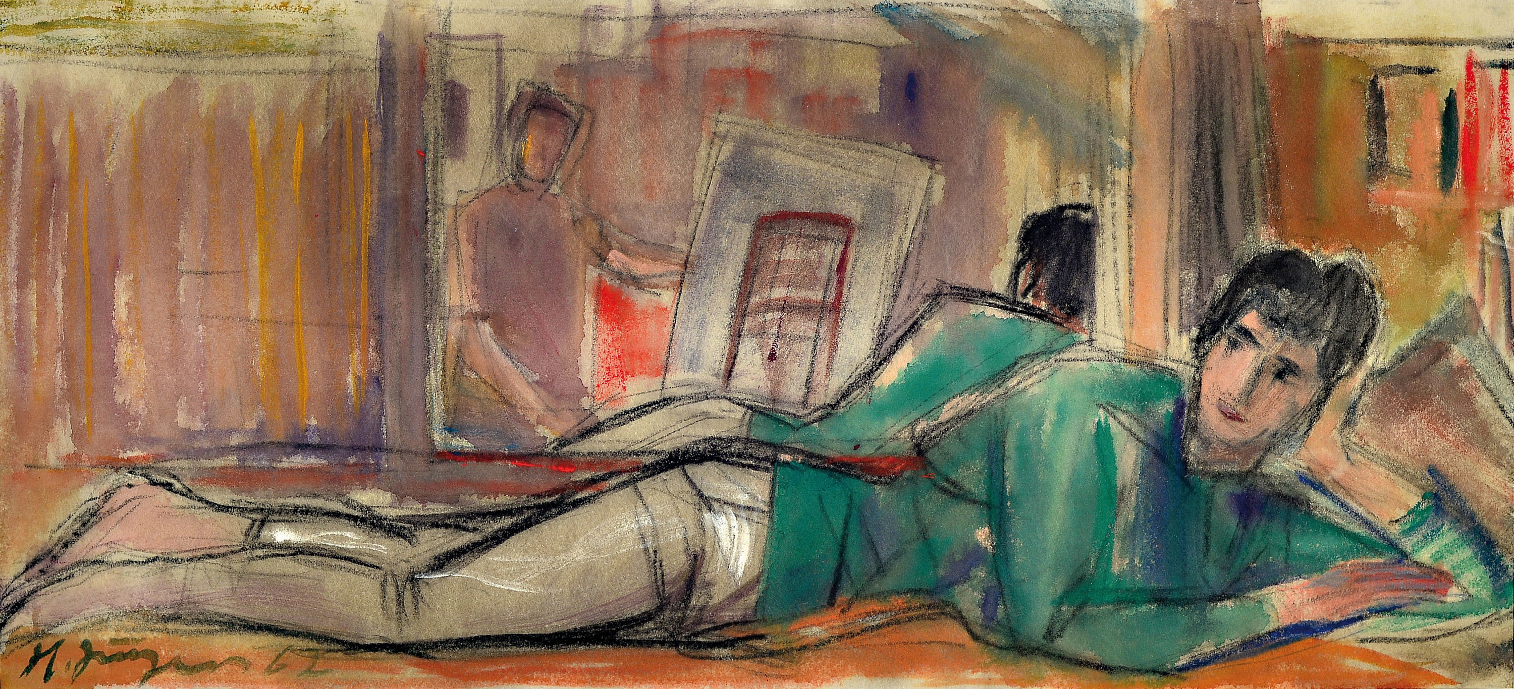Herrmann Jürgens, 1914 Heidelberg-1967 Homburg, 2 Aquarelle/Mischtechniken, skizzenhafter Charakter, Liegende beim Zeichnen, signiert und datiert ...