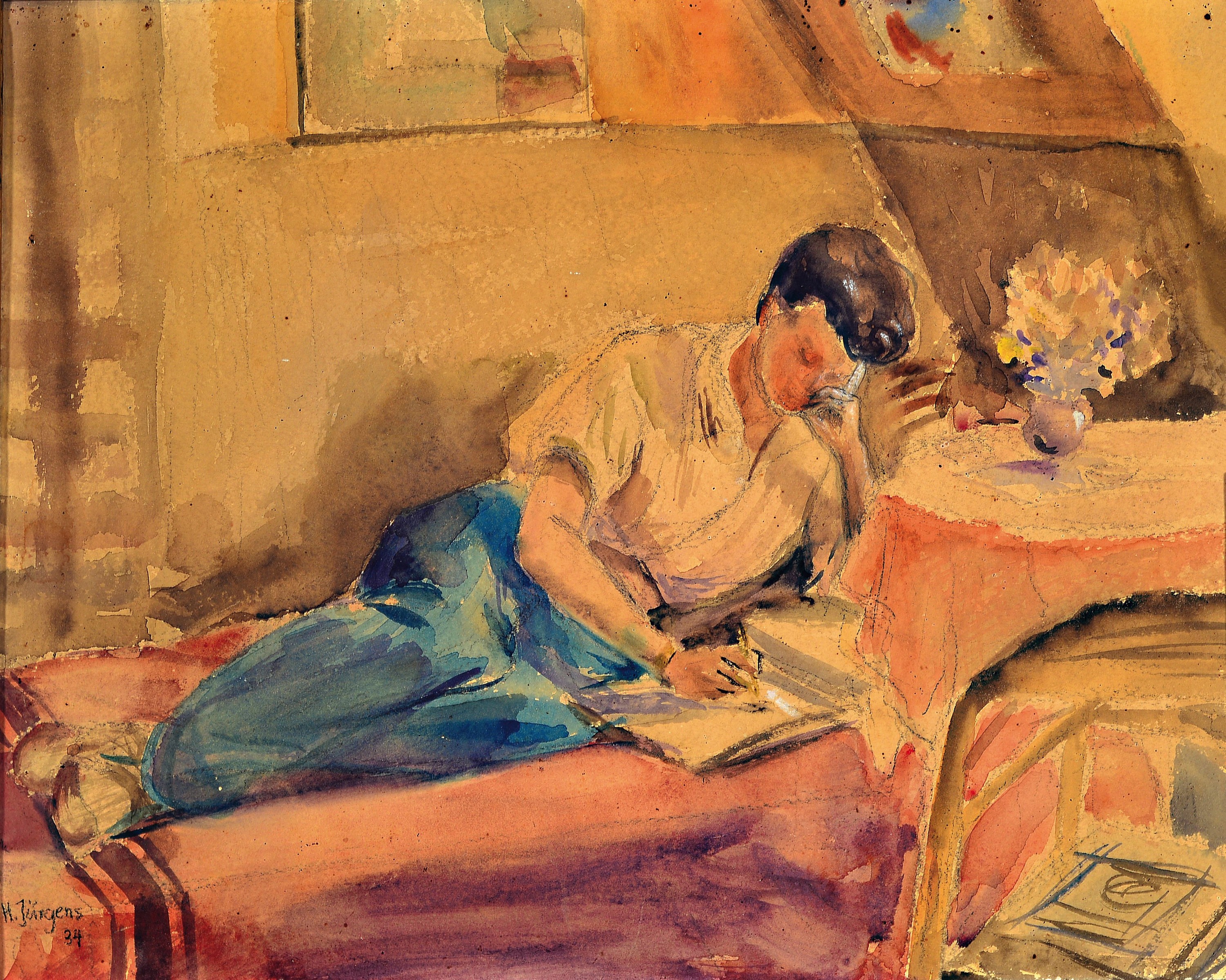 Detail a: Herrmann Jürgens, 1914 Heidelberg-1967 Homburg, 2 Aquarelle/Mischtechniken, skizzenhafter Charakter, Liegende beim Zeichnen, signiert und datiert ...
