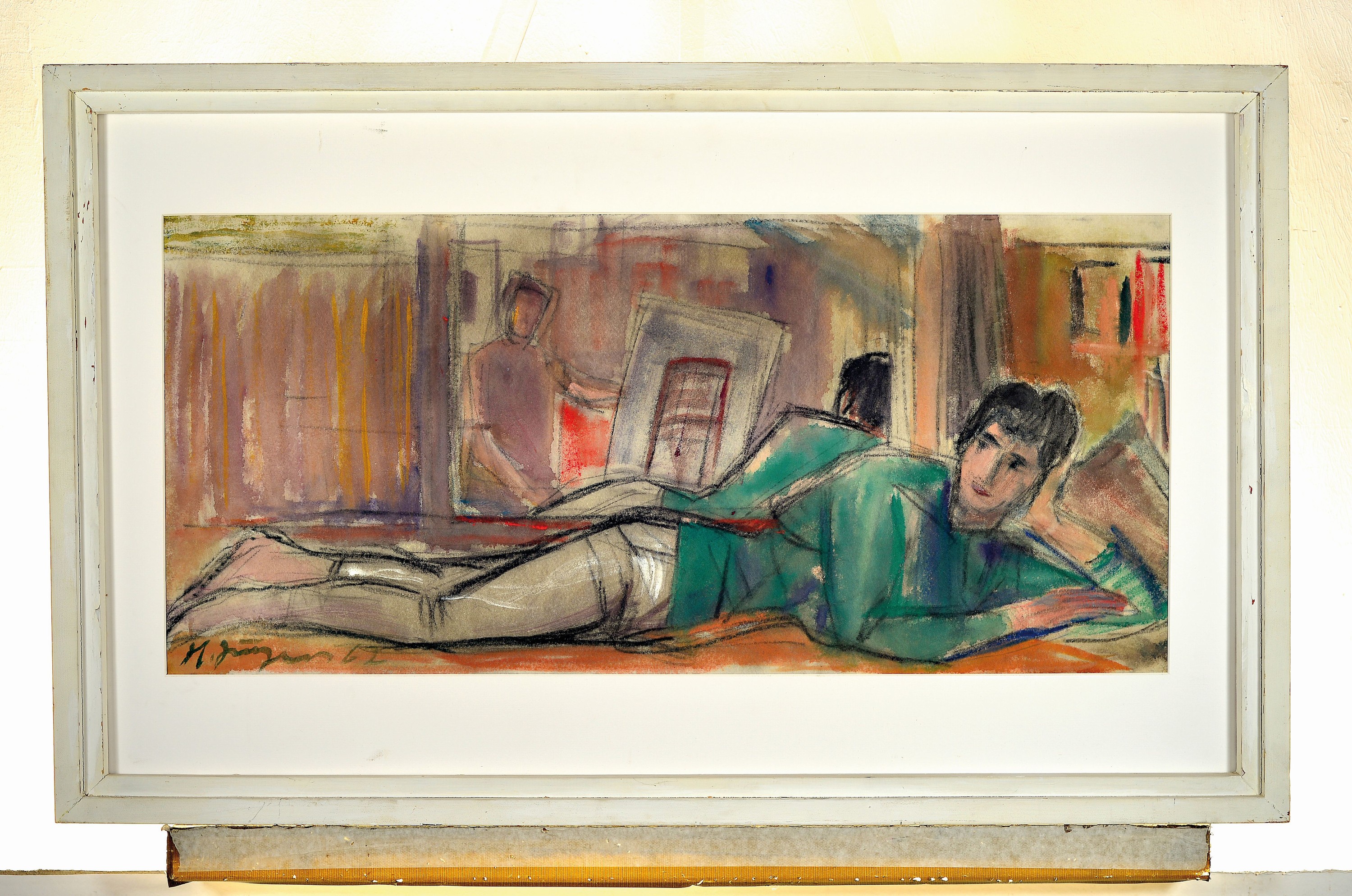 Detail k: Herrmann Jürgens, 1914 Heidelberg-1967 Homburg, 2 Aquarelle/Mischtechniken, skizzenhafter Charakter, Liegende beim Zeichnen, signiert und datiert ...