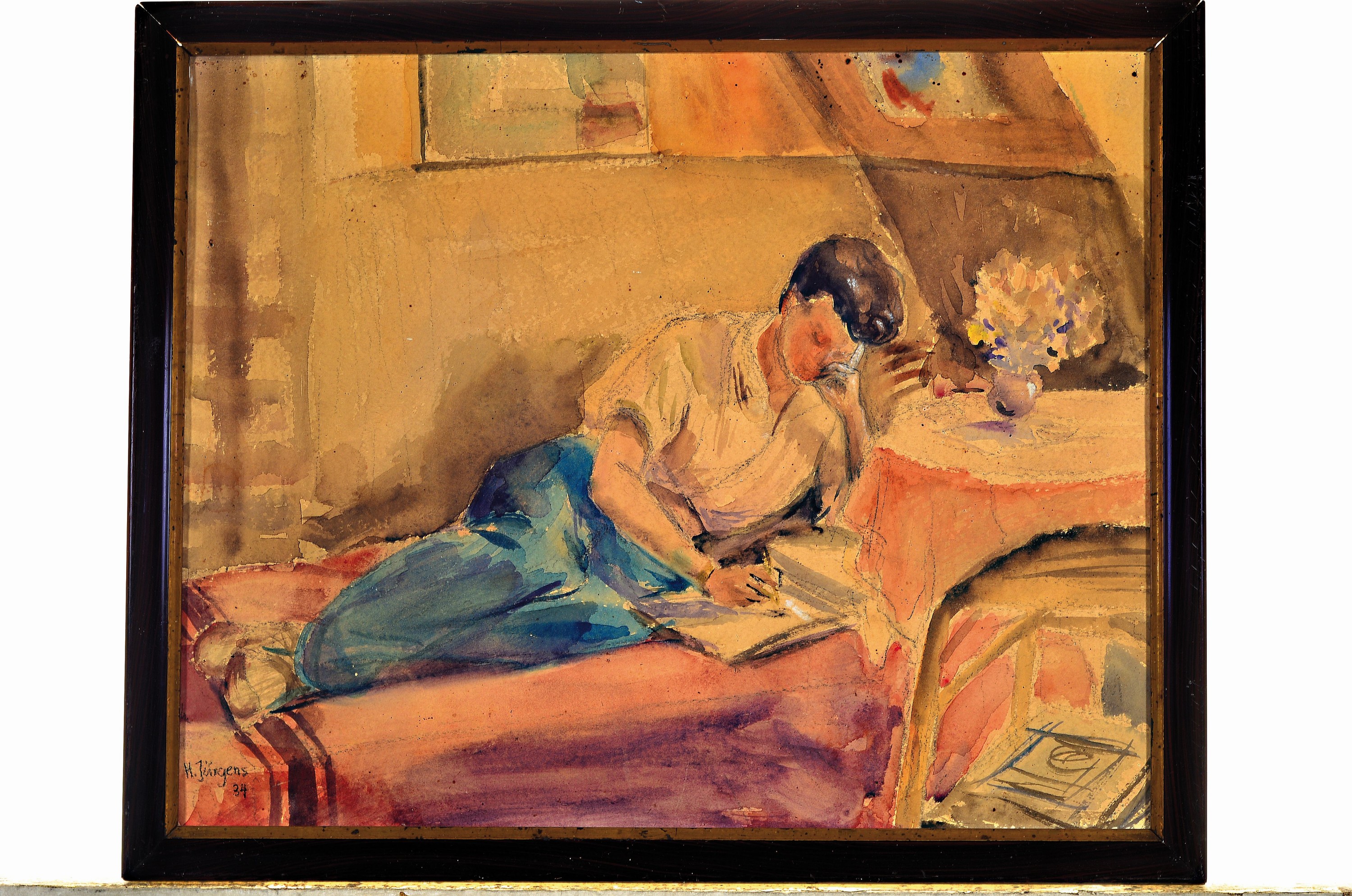 Detail l: Herrmann Jürgens, 1914 Heidelberg-1967 Homburg, 2 Aquarelle/Mischtechniken, skizzenhafter Charakter, Liegende beim Zeichnen, signiert und datiert ...