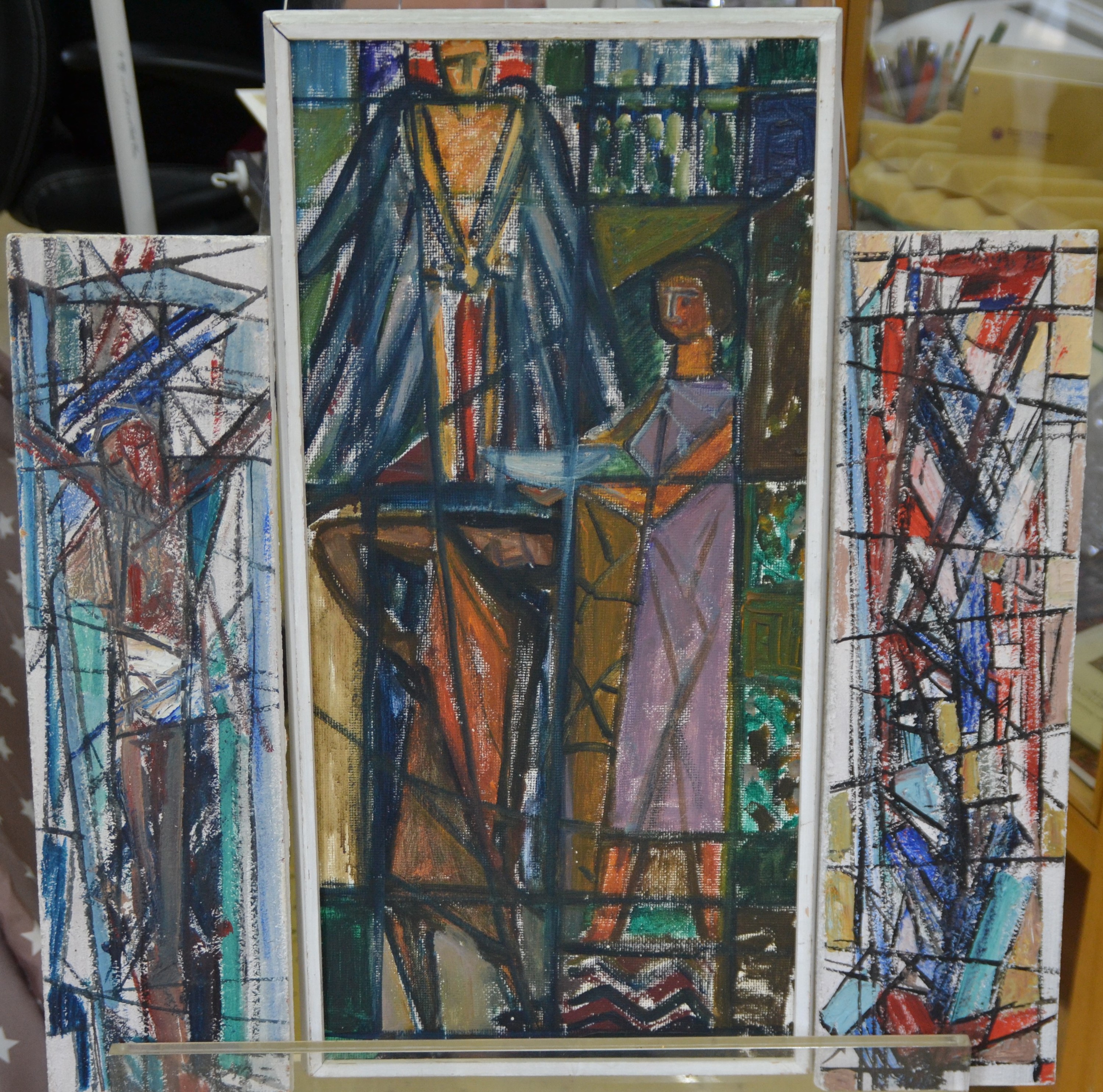 Detail c: Hermann Jürgens, 1914 Heidelberg-1967 Godramstein, 3 Entwürfe für sakrale Glasmalereien, je Öl/Platte, späte 1940er/50er-Jahre, 2x ungerahmt ...