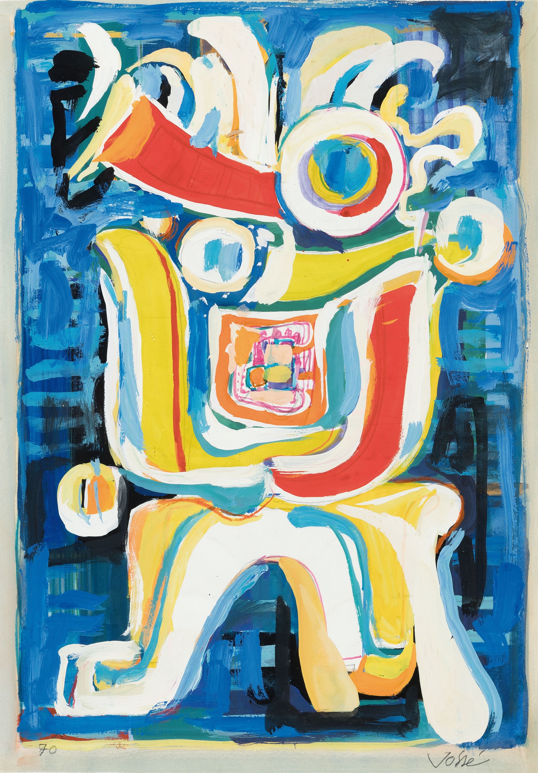 Friedrich Josse, 1897 Wolfstein-1994 Speyer,2 Mischtechniken auf Papier, "Mit der Kokarde" 1970, ca. 43x30cm, unter Glas 51x51 cm; ...