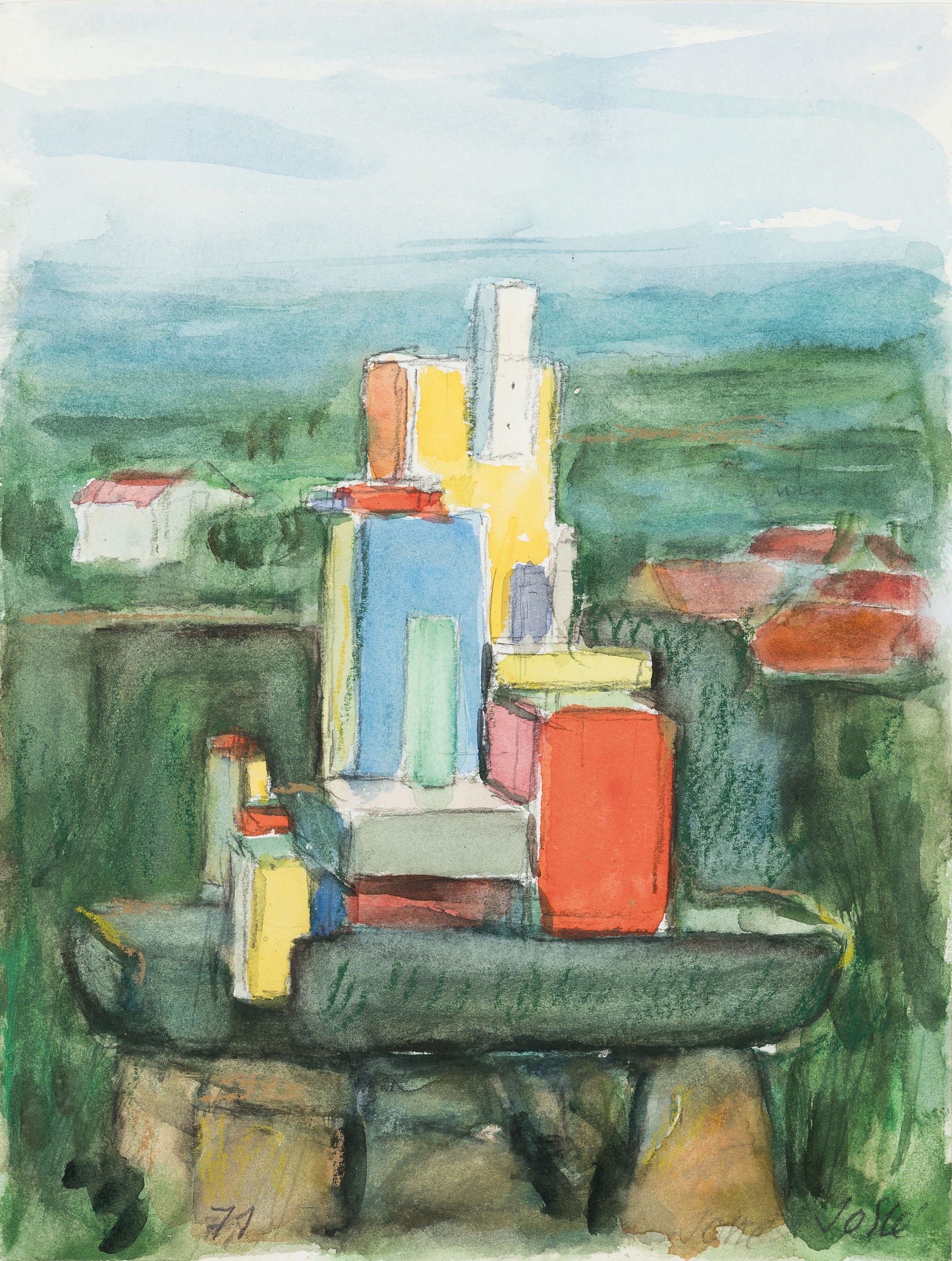 Detail b: Friedrich Josse, 1897 Wolfstein-1994 Speyer,2 Mischtechniken auf Papier, "Mit der Kokarde" 1970, ca. 43x30cm, unter Glas 51x51 cm; ...