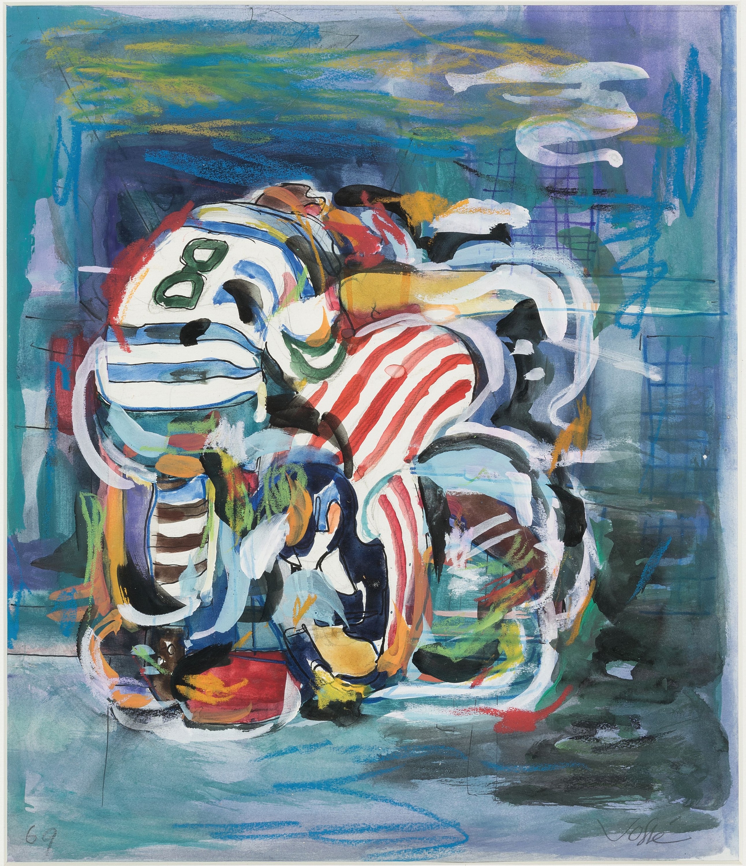 Friedrich Josse, 1897 Wolfstein-1994 Speyer,Mischtechnik auf Papier, "Eishockey Spieler", 1969, unter PP und Glas gerahmt 54x46 cm
