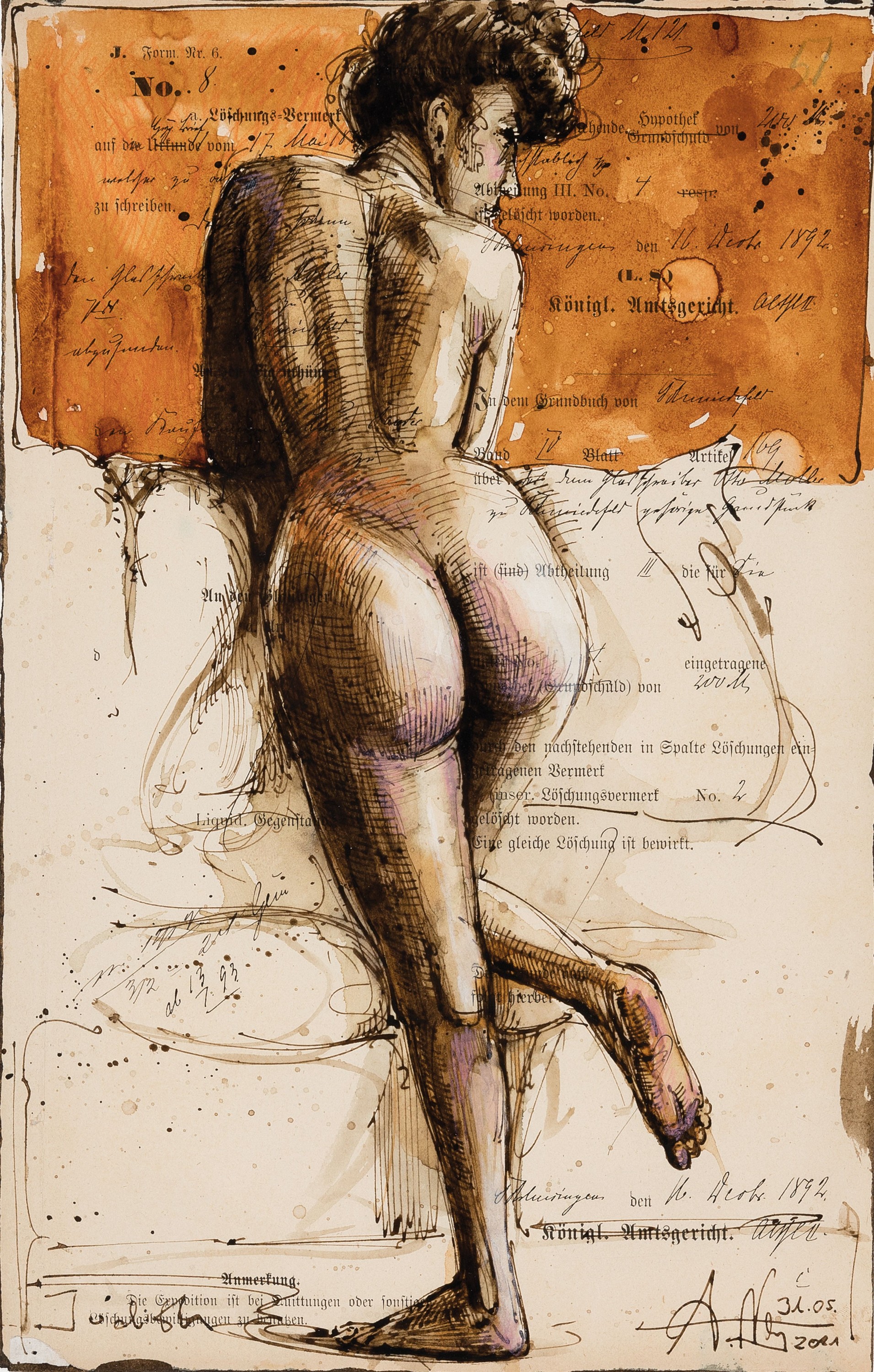 Detail k: Andreas Noßmann, geb. 1962, Aktzeichnung, Federzeichnung/Farbstift/ Aquarell auf Papier, Titel: "Judith", 2021 WVZ. Nr. DVZ 1488, Blatt ...