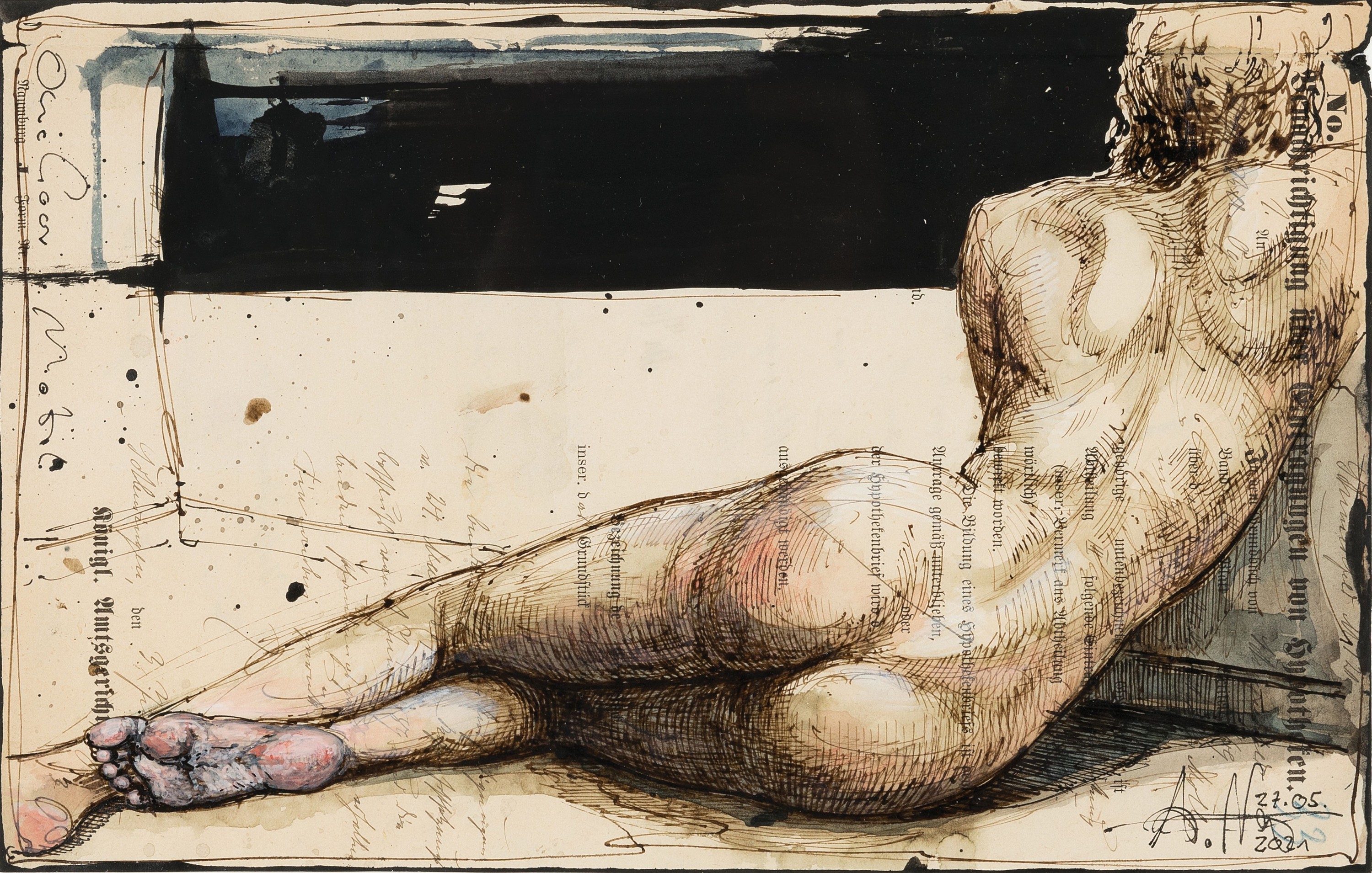 Andreas Noßmann, geb. 1962, Aktzeichnung, Federzeichnung/Farbstift/ Aquarell auf Papier, Titel: "One Hour Motel", 2021, WVZ. Nr. DVZ 1486, ...