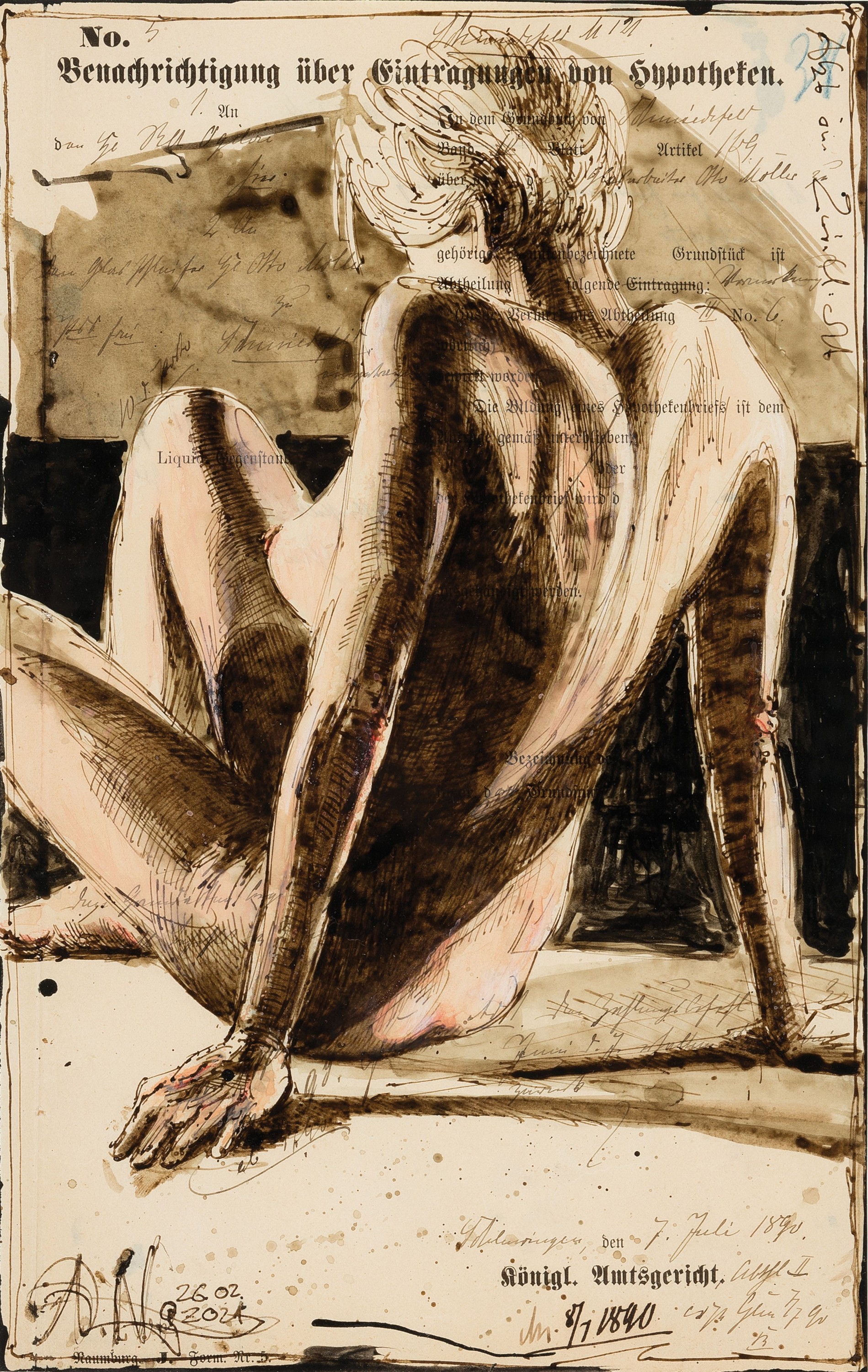 Andreas Noßmann, geb. 1962, Aktzeichnung, Federzeichnung/Farbstift/ Aquarell auf Papier, Titel: "Akt im Zwielicht" 2021, WVZ. Nr. DVZ ...