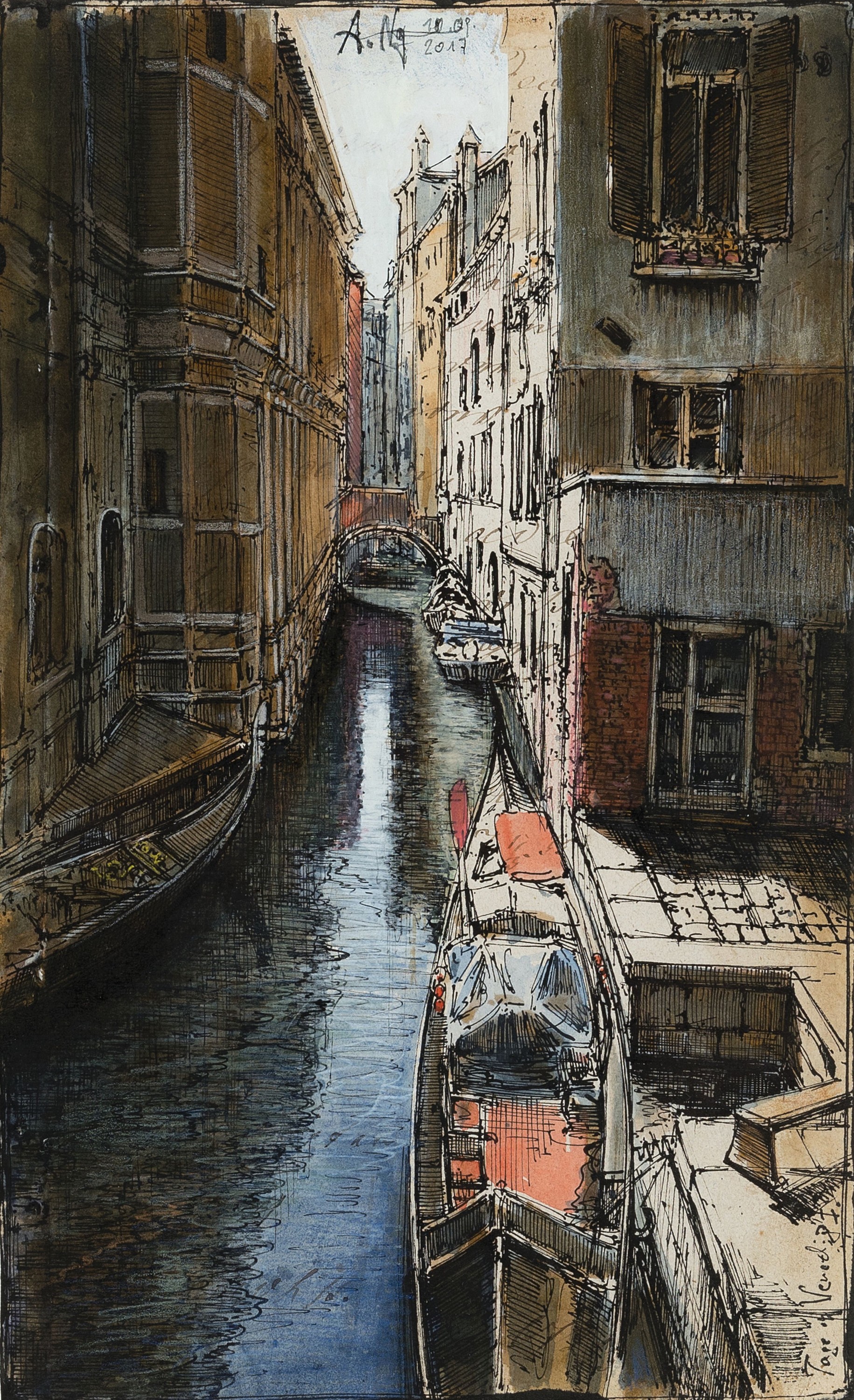 Andreas Noßmann, geb. 1962, Aktzeichnung, Federzeichnung/Farbstift/ Aquarell auf Papier, Titel: "tage in Venedig" 2017, WVZ. Nr. DVZ 732, ...