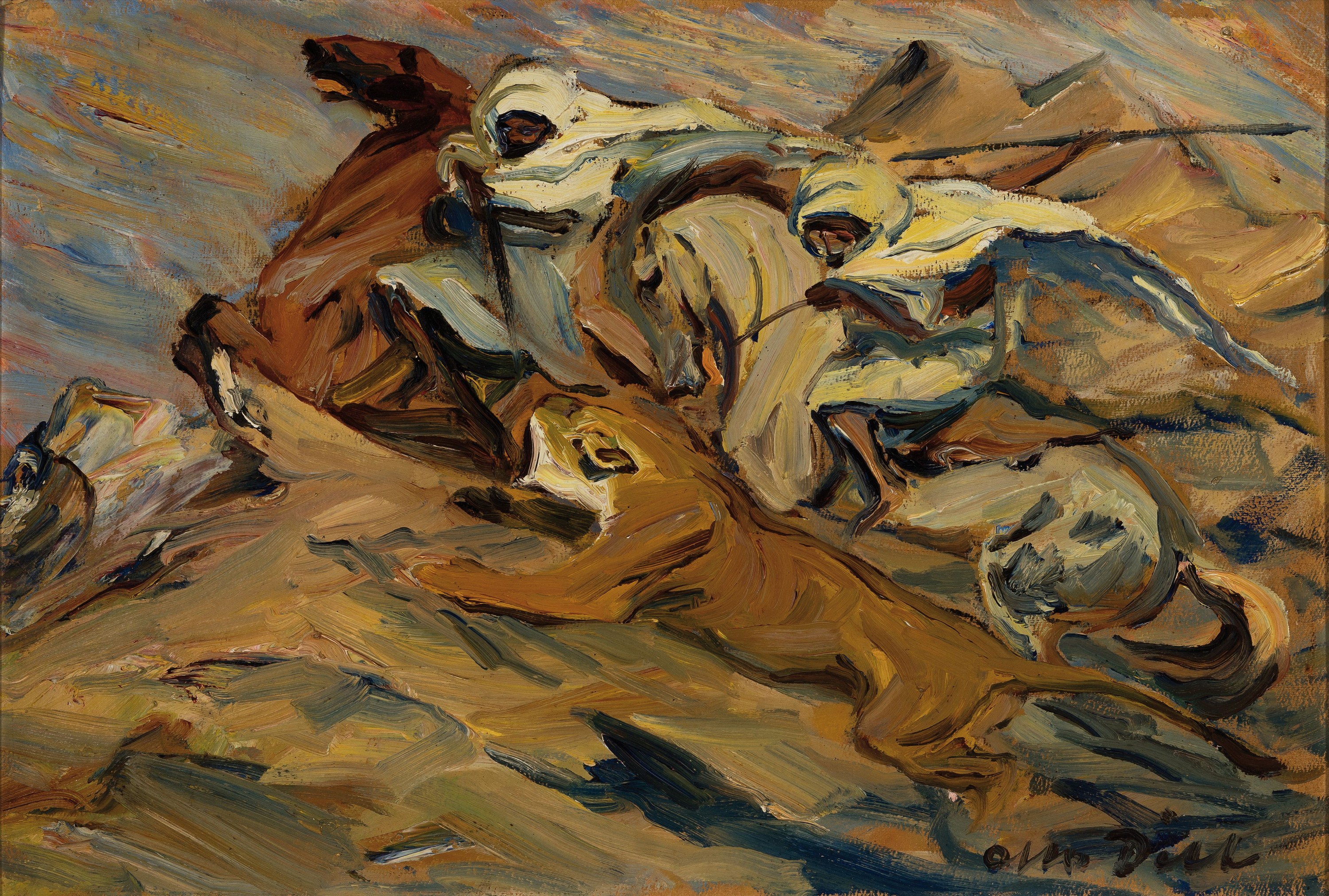 Otto Dill, 1884 Neustadt-1957 Bad Dürkheim, "Löwenjagd" so verso auf altem Etikett bezeichnet und datiert 1921, zwei Araber zu Pferde auf ...