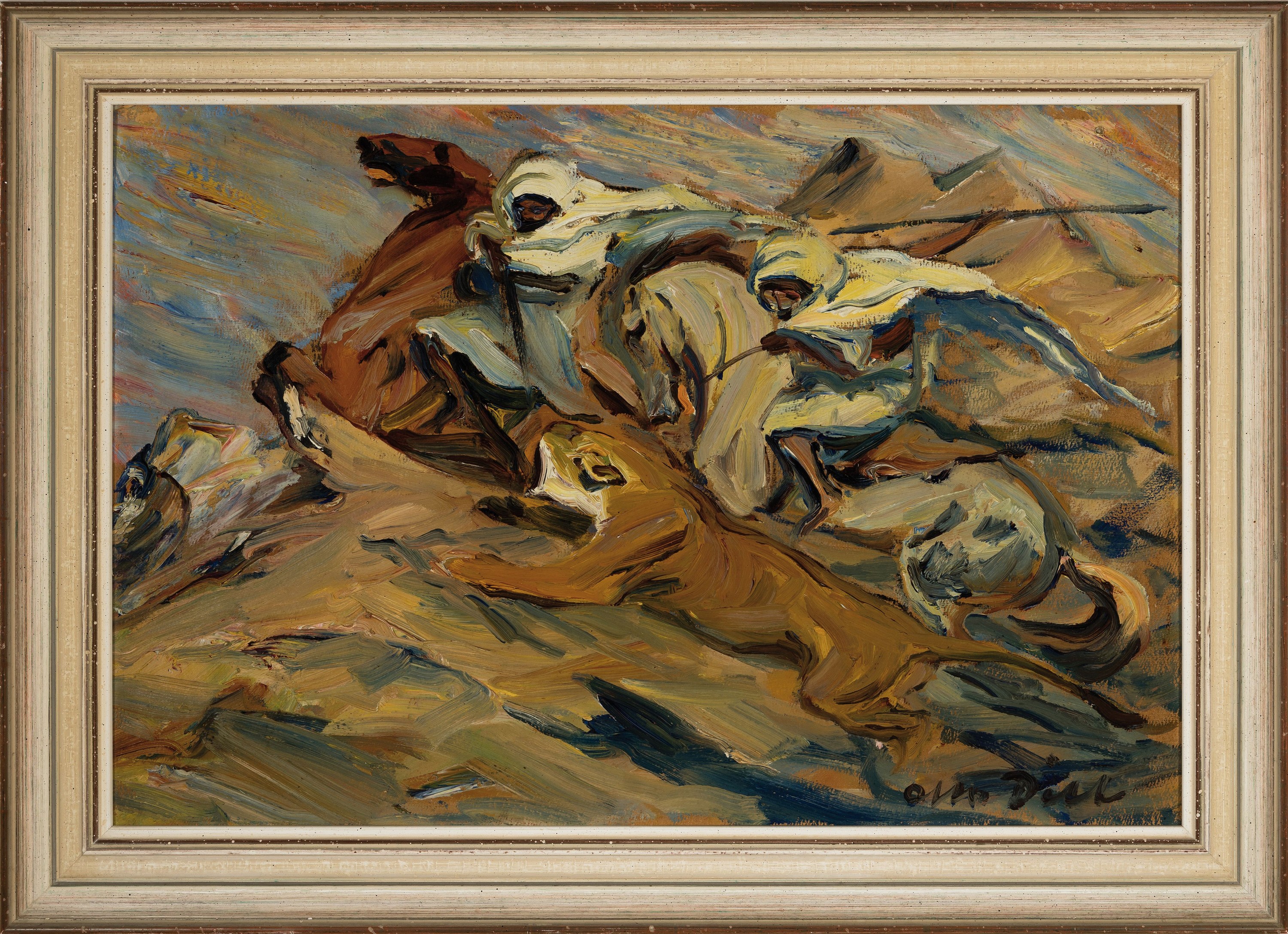 Detail k: Otto Dill, 1884 Neustadt-1957 Bad Dürkheim, "Löwenjagd" so verso auf altem Etikett bezeichnet und datiert 1921, zwei Araber zu Pferde auf ...