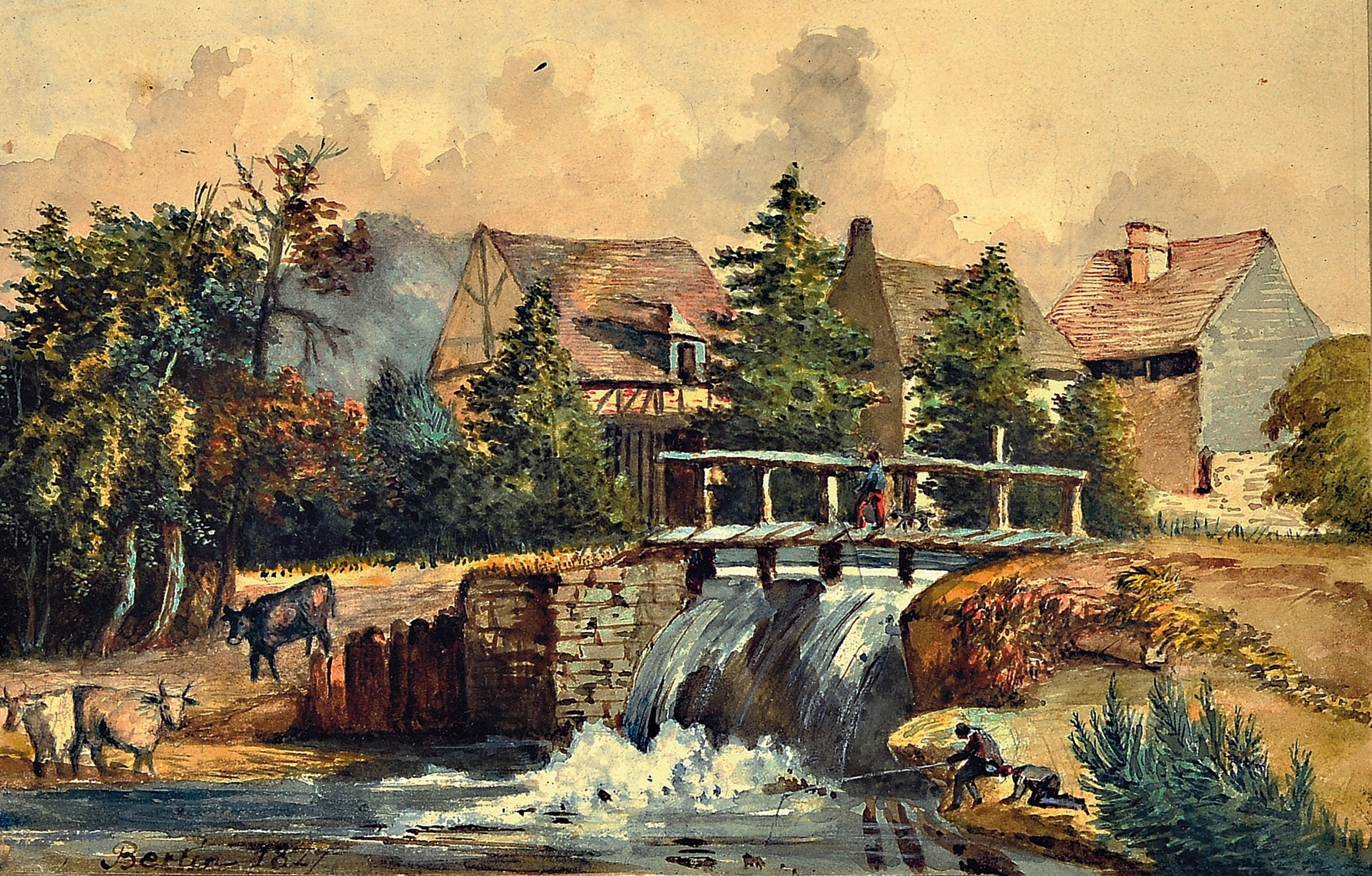 Detail a: Jean Victor Bertin, 1767-1842 Paris, 2 Aquarelle, bäuerliche Szene mit Schäfer und Viehhirt, Landschaft mit Wasserfall am Dorfrand, je datiert 1827 ...
