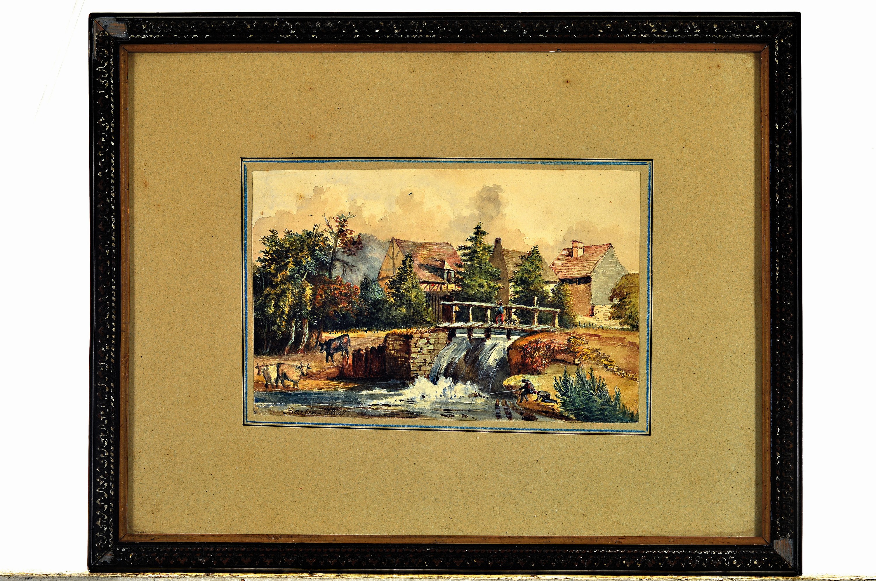 Detail l: Jean Victor Bertin, 1767-1842 Paris, 2 Aquarelle, bäuerliche Szene mit Schäfer und Viehhirt, Landschaft mit Wasserfall am Dorfrand, je datiert 1827 ...