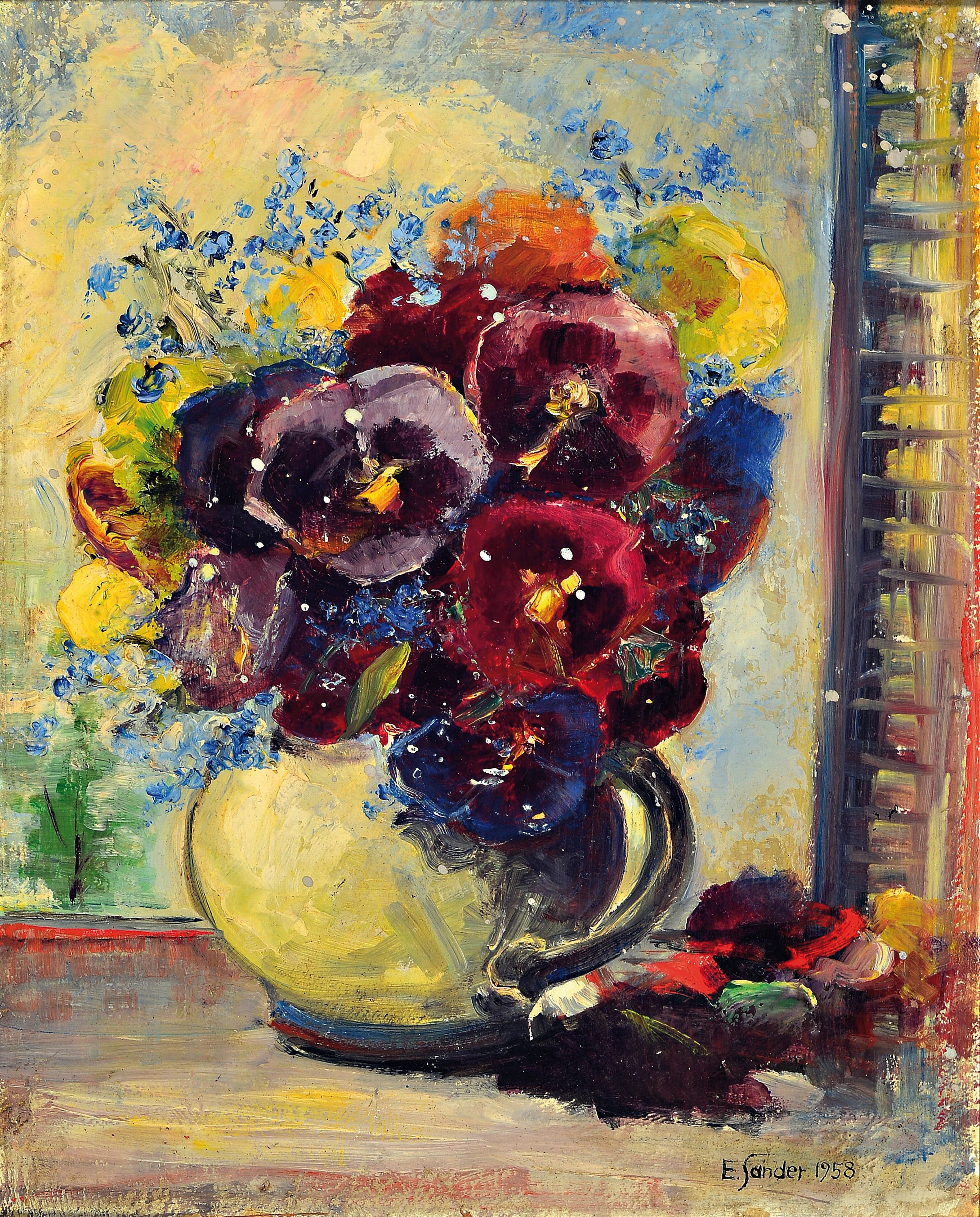 Eduard Sander, 1889-1974, Blumenstillleben,1958, signiert und datiert, Öl/Malplatte