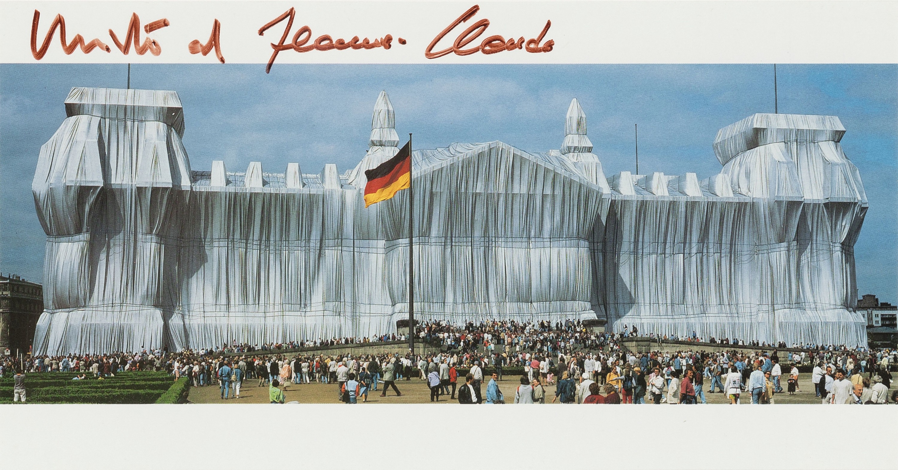 Christo und Jeanne-Claude, Offsetlithografie, verhüllter Reichstag, handsign., von Christo und seiner Frau Jeanne-Claude, unter Glas gerahmt, gesamt ...
