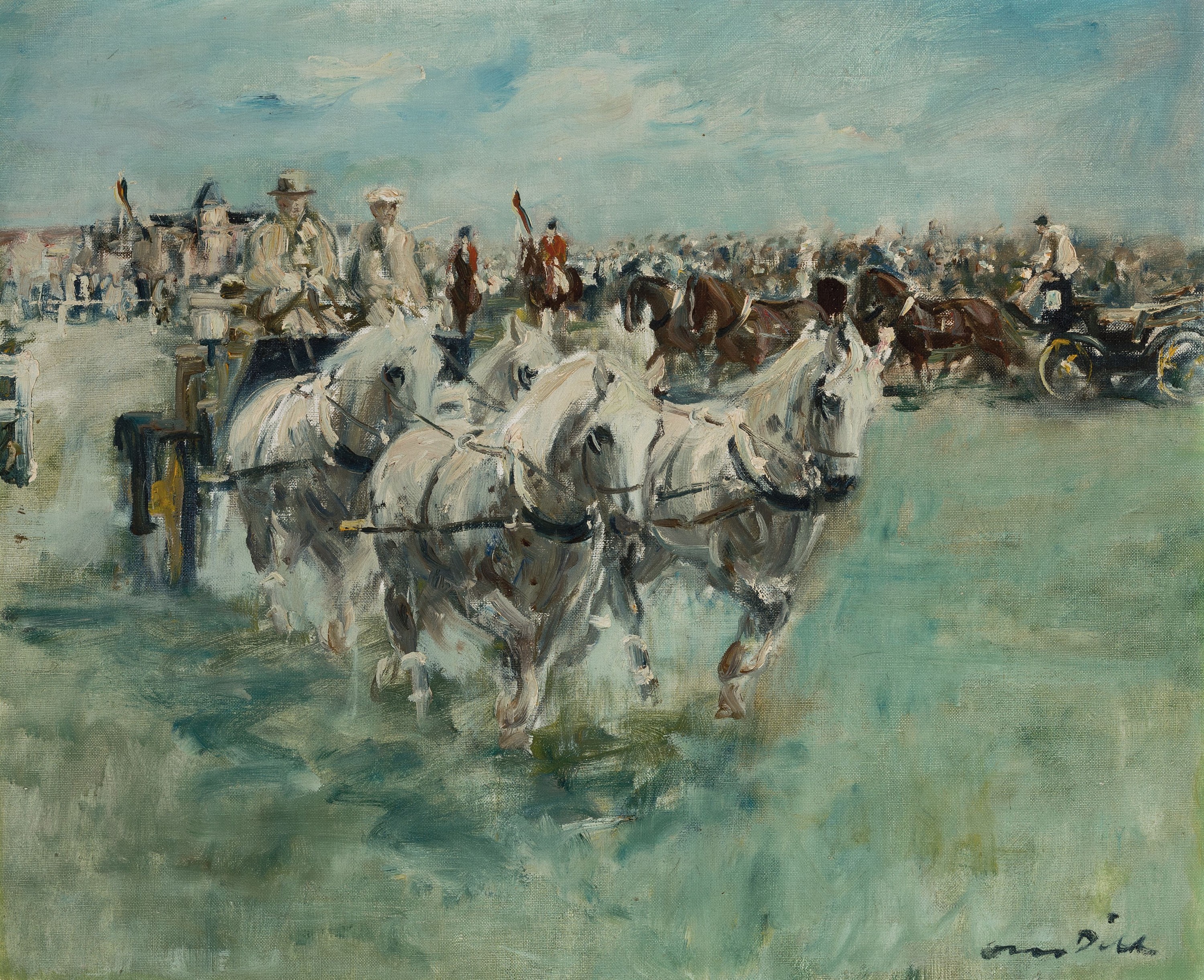 Otto Dill, 1884 Neustadt-1957 Bad Dürkheim, "Reit- und Fahrturnier" so auf Künstleretikett bezeichnet, um 1950, 2 Vierspänner vor ...