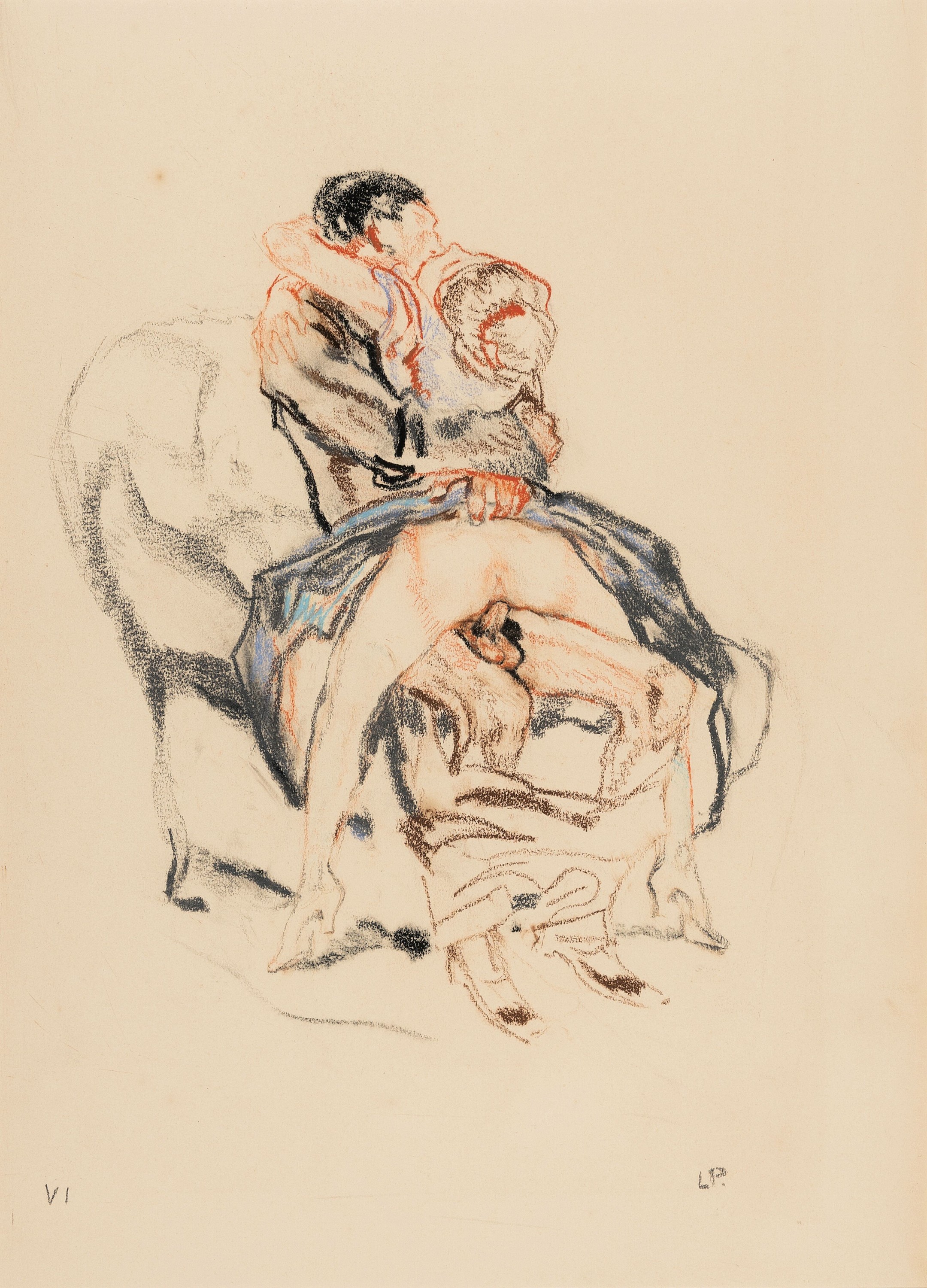 Leo Putz, 1869-1940, erotische Darstellung, monogrammiertes Pastell auf Papier aus einer Folge von 14 Erotik Pastellen, hier: Pastell Nr. VI, um ...