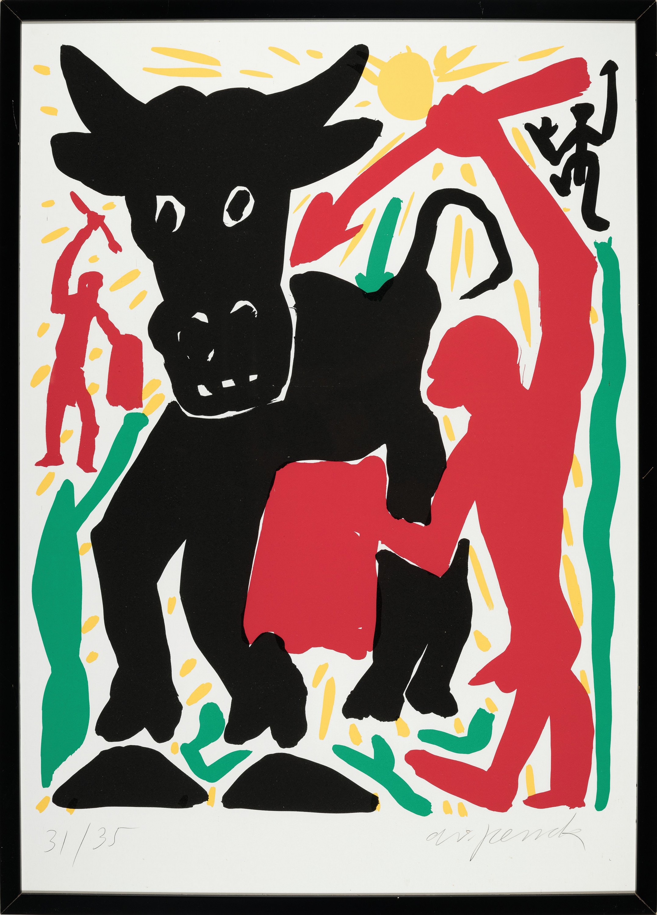 Detail k: A.R.Penck, 1939-2017, "Europa", Siebdruck auf festem Karton, aus 1994, handsign., num. 31/35, unter Glas gerahmt, Blatt ca. 59,5x84 cm, R. ...