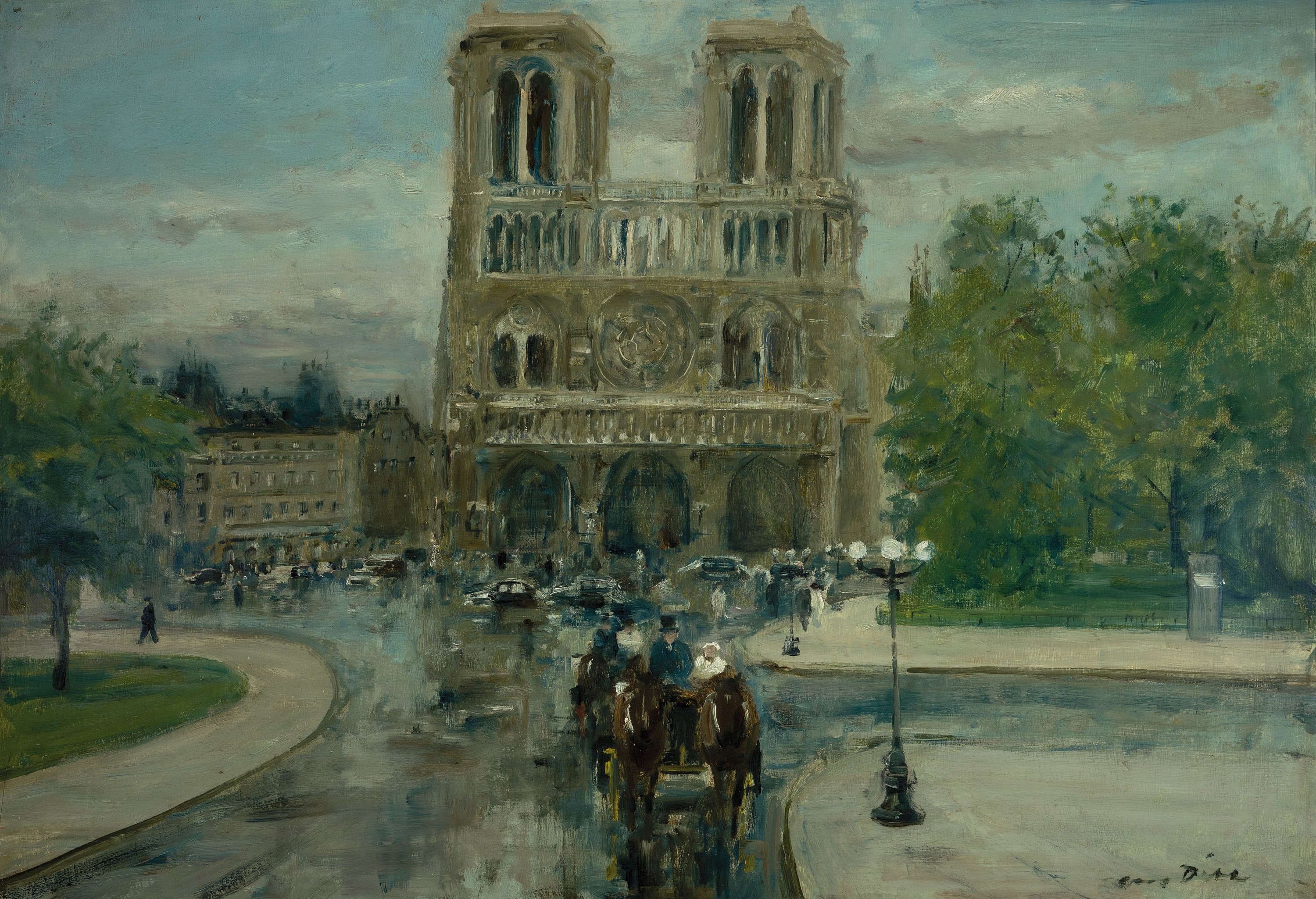 Otto Dill, 1884 Neustadt-1957 Bad Dürkheim, "Notre Dame zu Paris", 1948, Blick über Pariser Verkehr auf die Westfassade von Notre Dame, ...