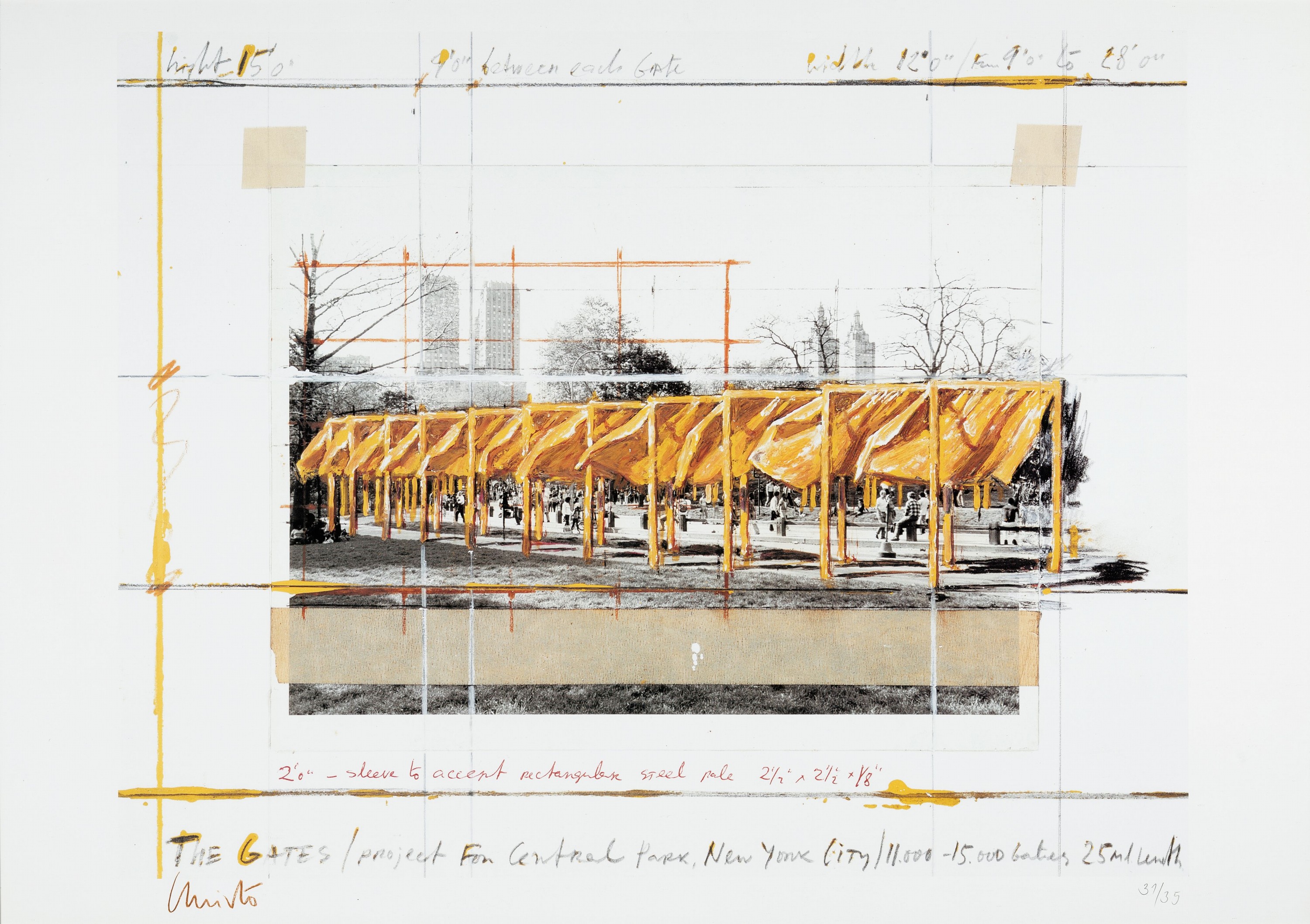 Christo, "The Gates", aus 1994, handsign., num. 31/35, unter Glas, Blatt ca. 59,5x84, R. ca. 62,5x87,5 cm , sehr selten