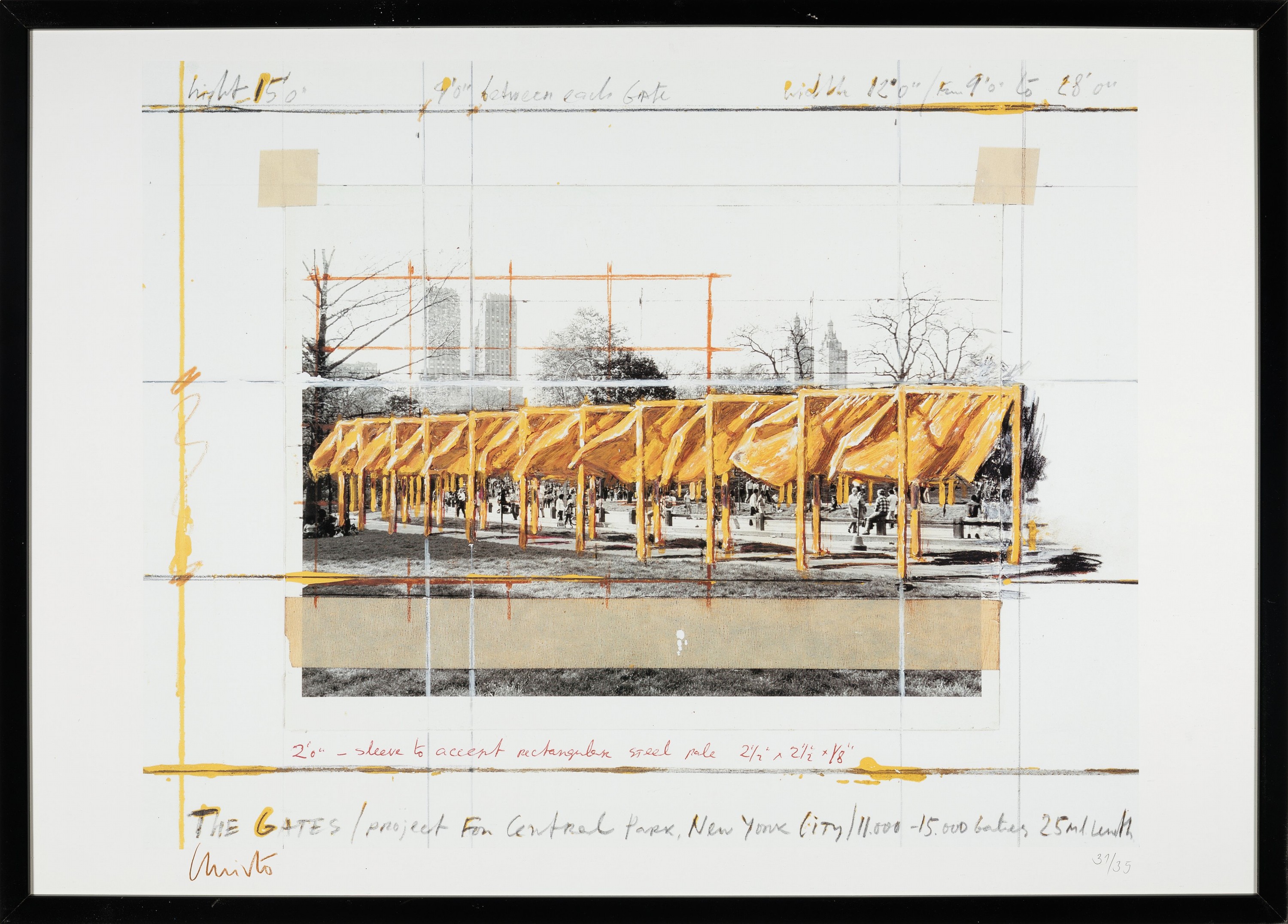 Detail k: Christo, "The Gates", aus 1994, handsign., num. 31/35, unter Glas, Blatt ca. 59,5x84, R. ca. 62,5x87,5 cm , sehr selten