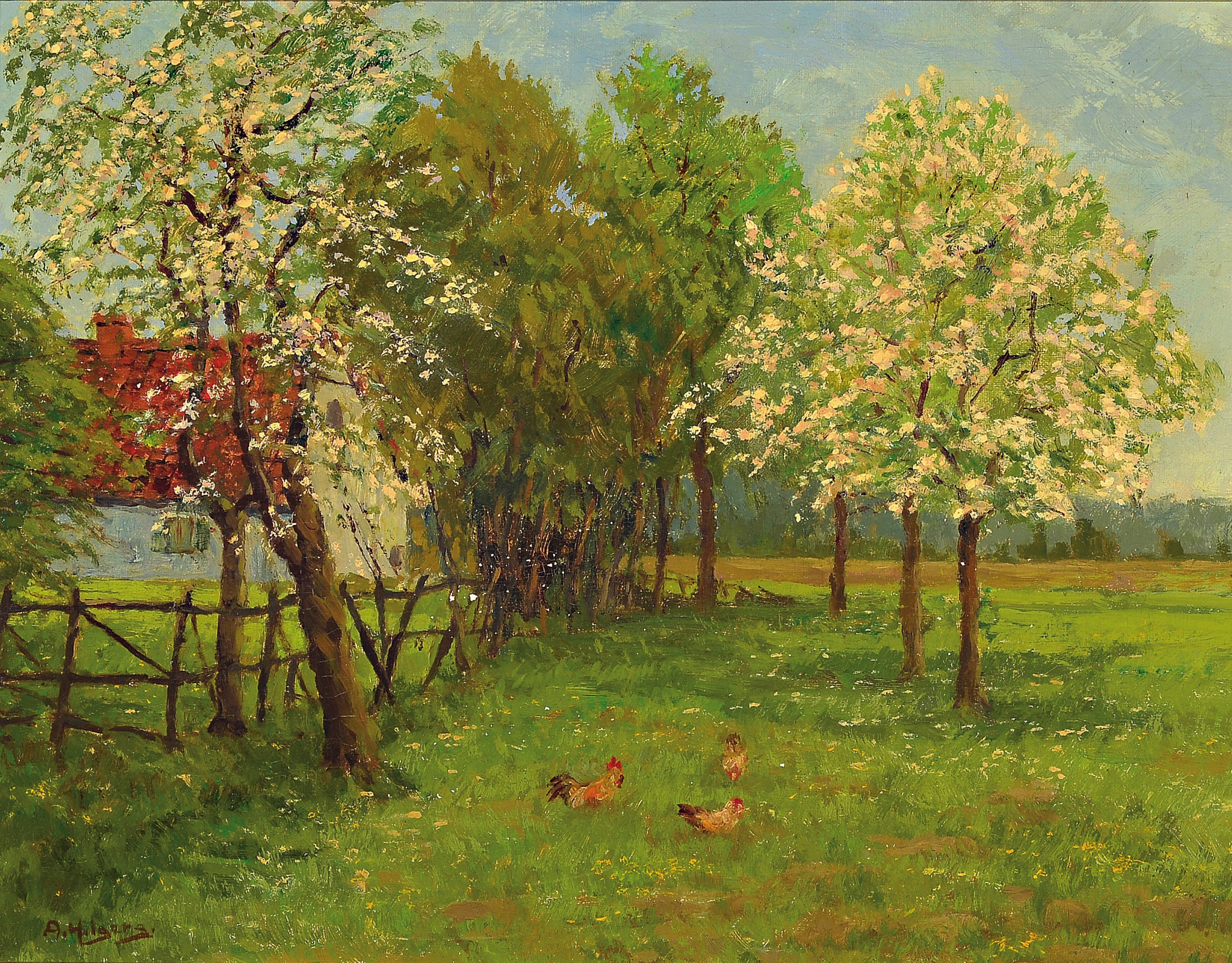 Adolf Hilgers, 1896-1959 Düsseldorf, blühende Bäume vor einem Bauernhof, im Vordergrund Hühner, Öl/Lwd, 36x46cm, R. ca. 51x61cm