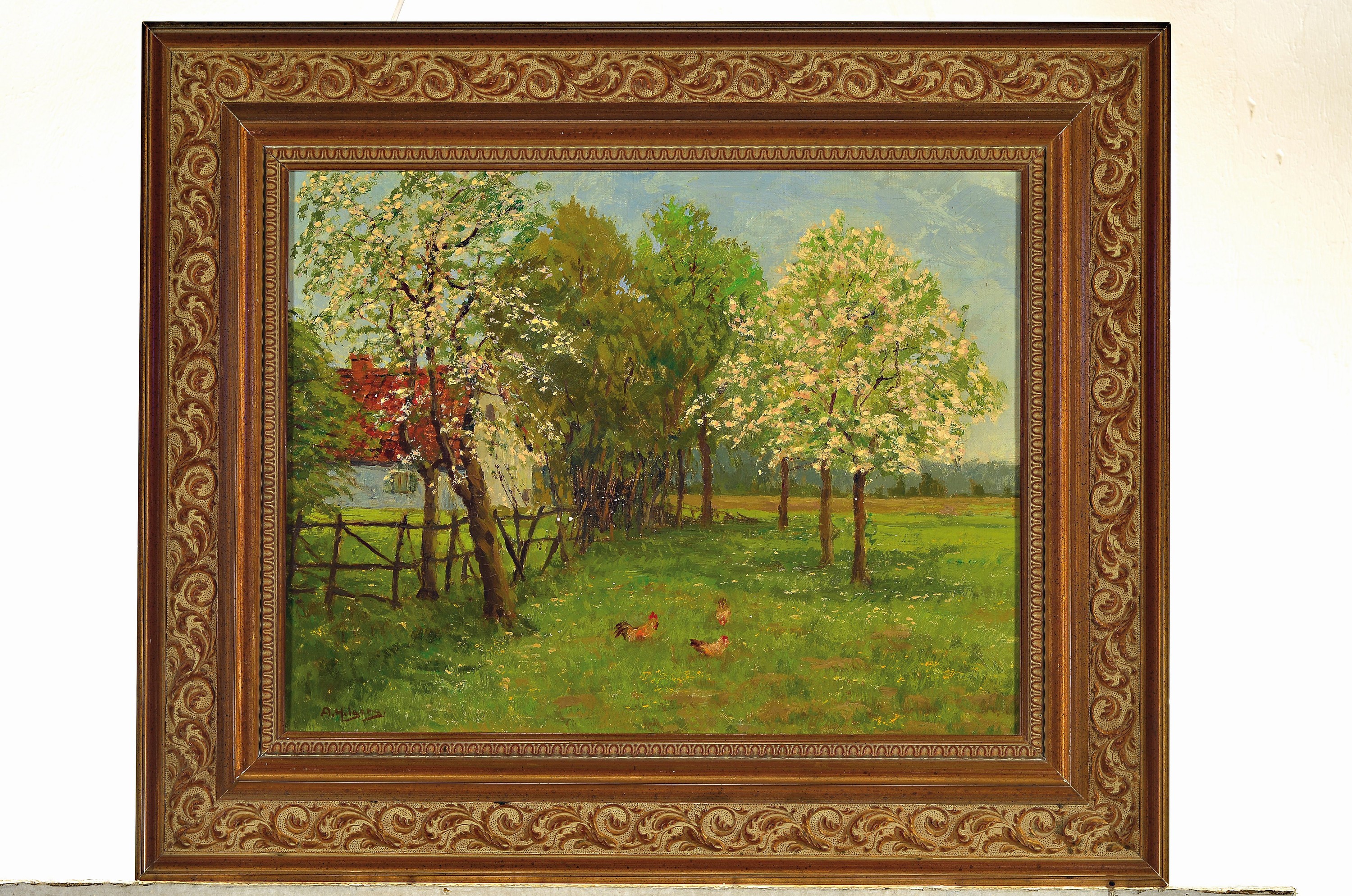 Detail k: Adolf Hilgers, 1896-1959 Düsseldorf, blühende Bäume vor einem Bauernhof, im Vordergrund Hühner, Öl/Lwd, 36x46cm, R. ca. 51x61cm