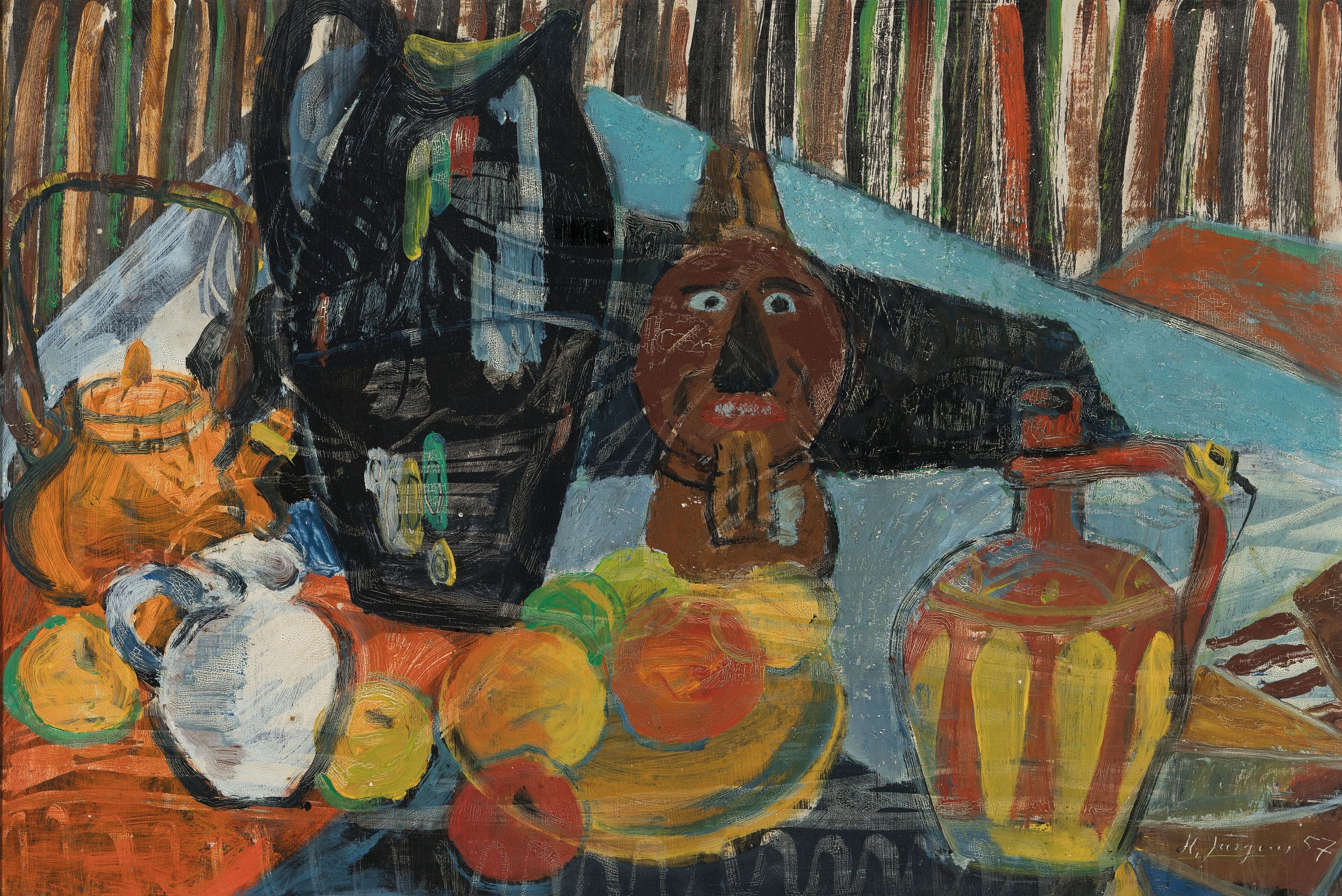 Hermann Jürgens, 1914 Heidelberg-1967 Homburg , "Krüge und Früchte No. 5", 1957, rechts unten signiert und datiert, Öl/Malplatte, ...
