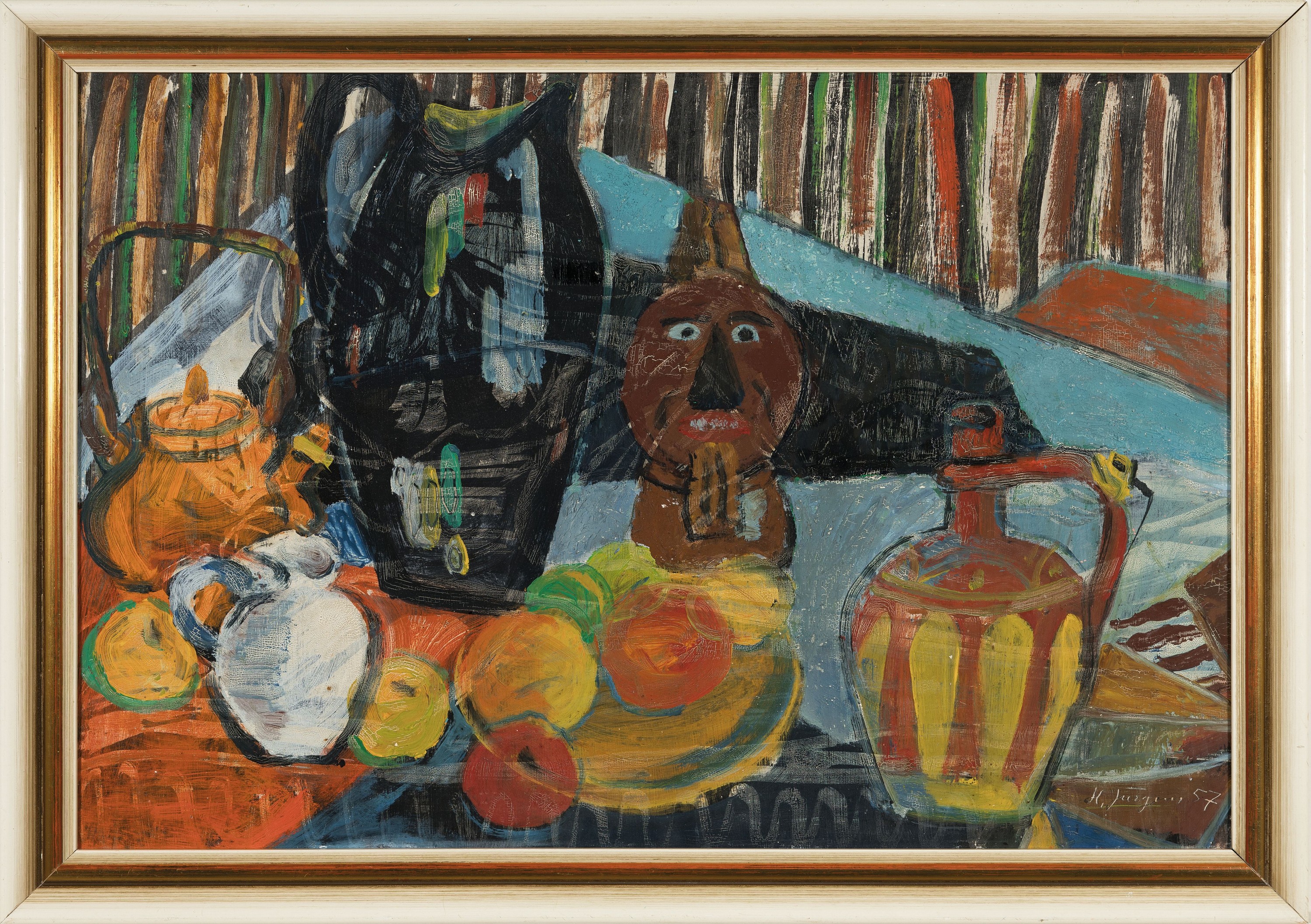 Detail k: Hermann Jürgens, 1914 Heidelberg-1967 Homburg , "Krüge und Früchte No. 5", 1957, rechts unten signiert und datiert, Öl/Malplatte, ...