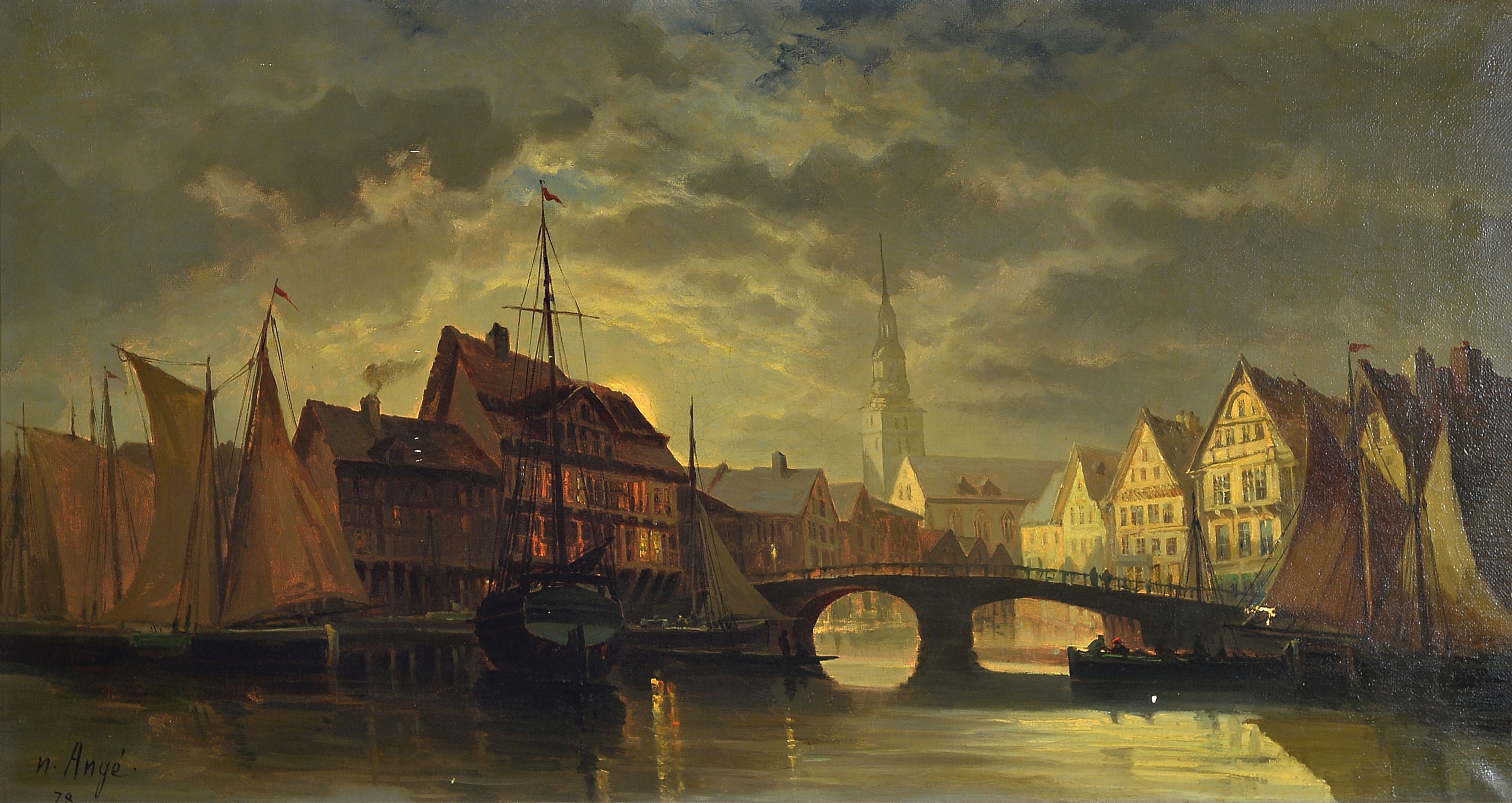N. Ange, wohl Düsseldorfer Schule, dat. 1878, niederländische Hafenszenen bei Mondschein, R., gesamt ca. 87x60 cm, l. besch. bzw. kl. Riß, ...