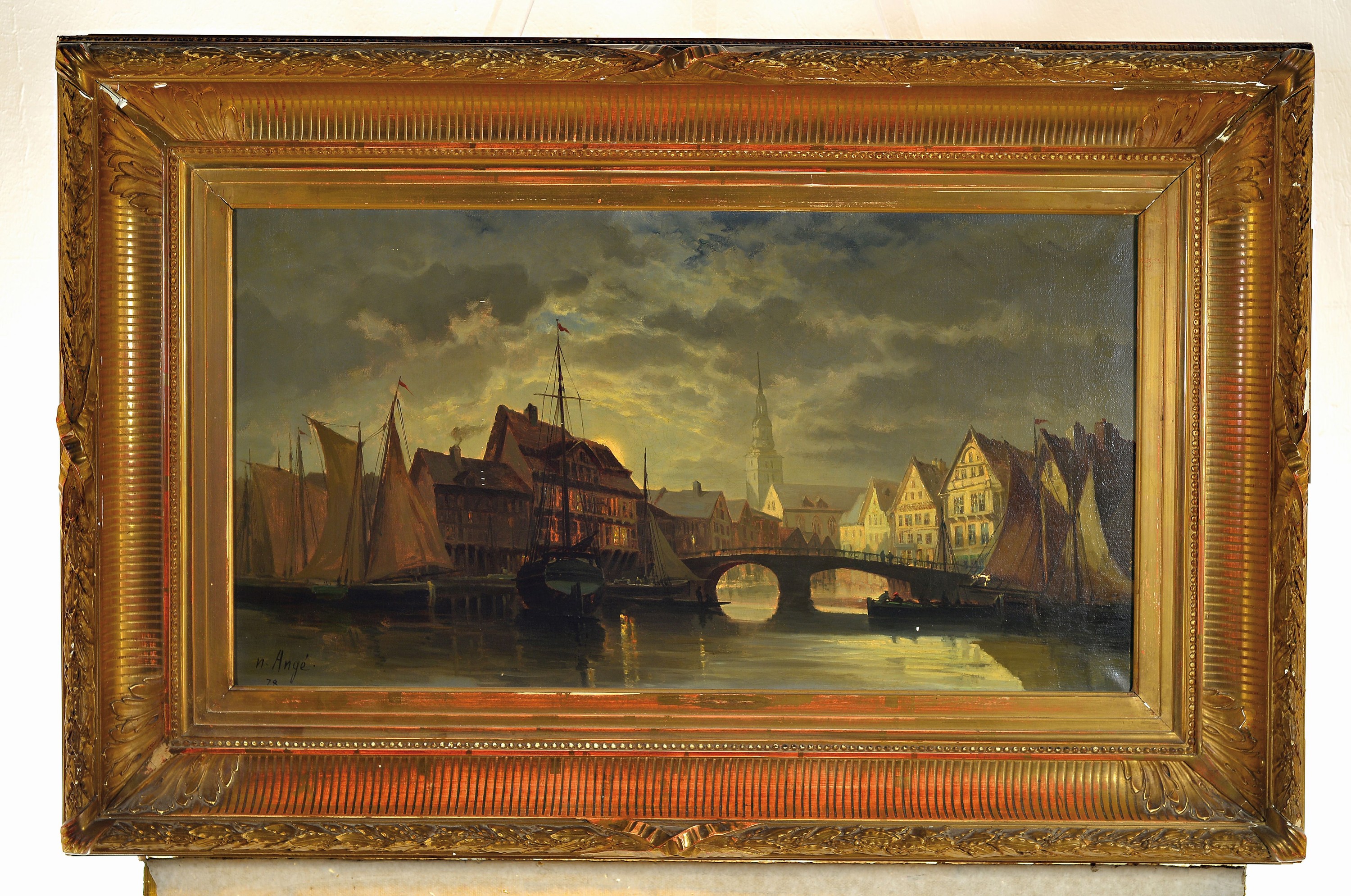 Detail k: N. Ange, wohl Düsseldorfer Schule, dat. 1878, niederländische Hafenszenen bei Mondschein, R., gesamt ca. 87x60 cm, l. besch. bzw. kl. Riß, ...