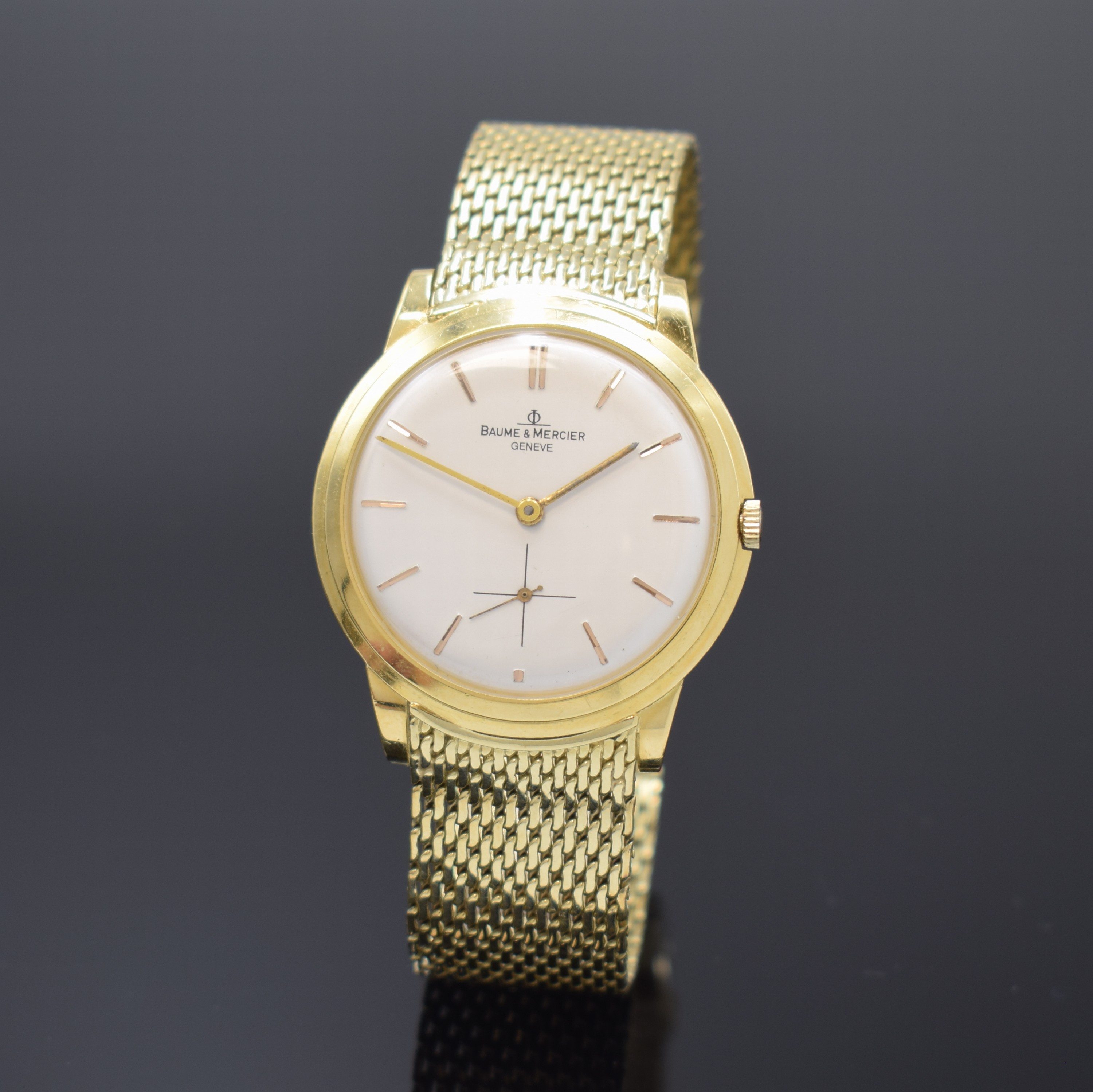 BAUME & MERCIER Armbanduhr in GG 750/000 Referenz 3552 an neutralem GG 585/000 Band, Handaufzug, Schweiz um 1960, 3-teil. Geh., Boden und Glasrand ...