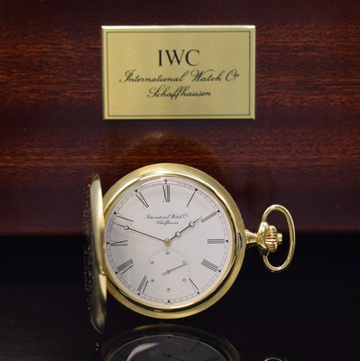 Image IWC fine and very rare, nearly mint 18k yellow gold hunting cased pocket watch reference ...