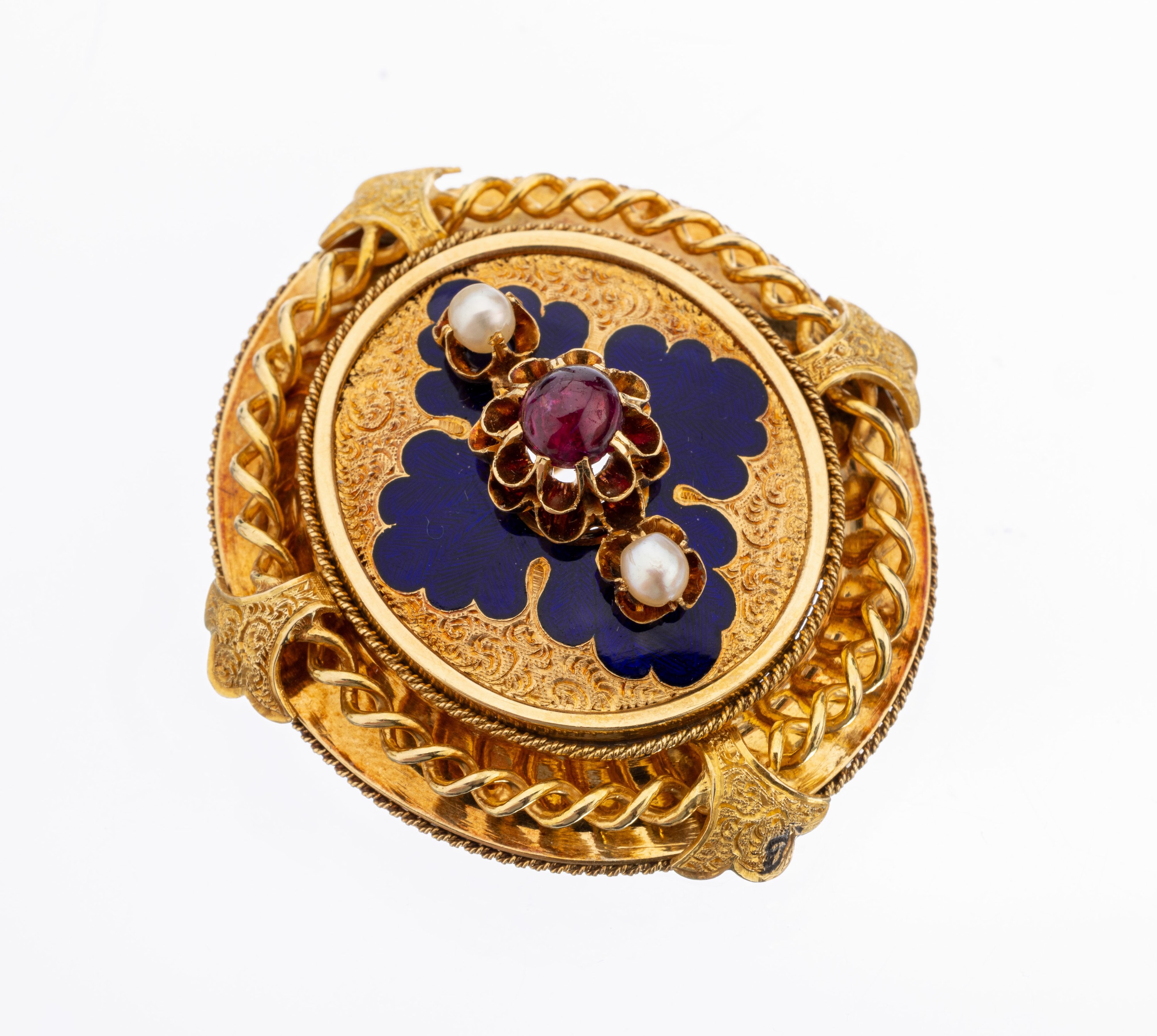 18 kt Gold Rubin-Perl-Brosche mit Email, Österreich-Ungarn um 1850-60, GG 750/000, fein grav., königsblau emaill., aufgel. Blüte mit rundfacett. ...