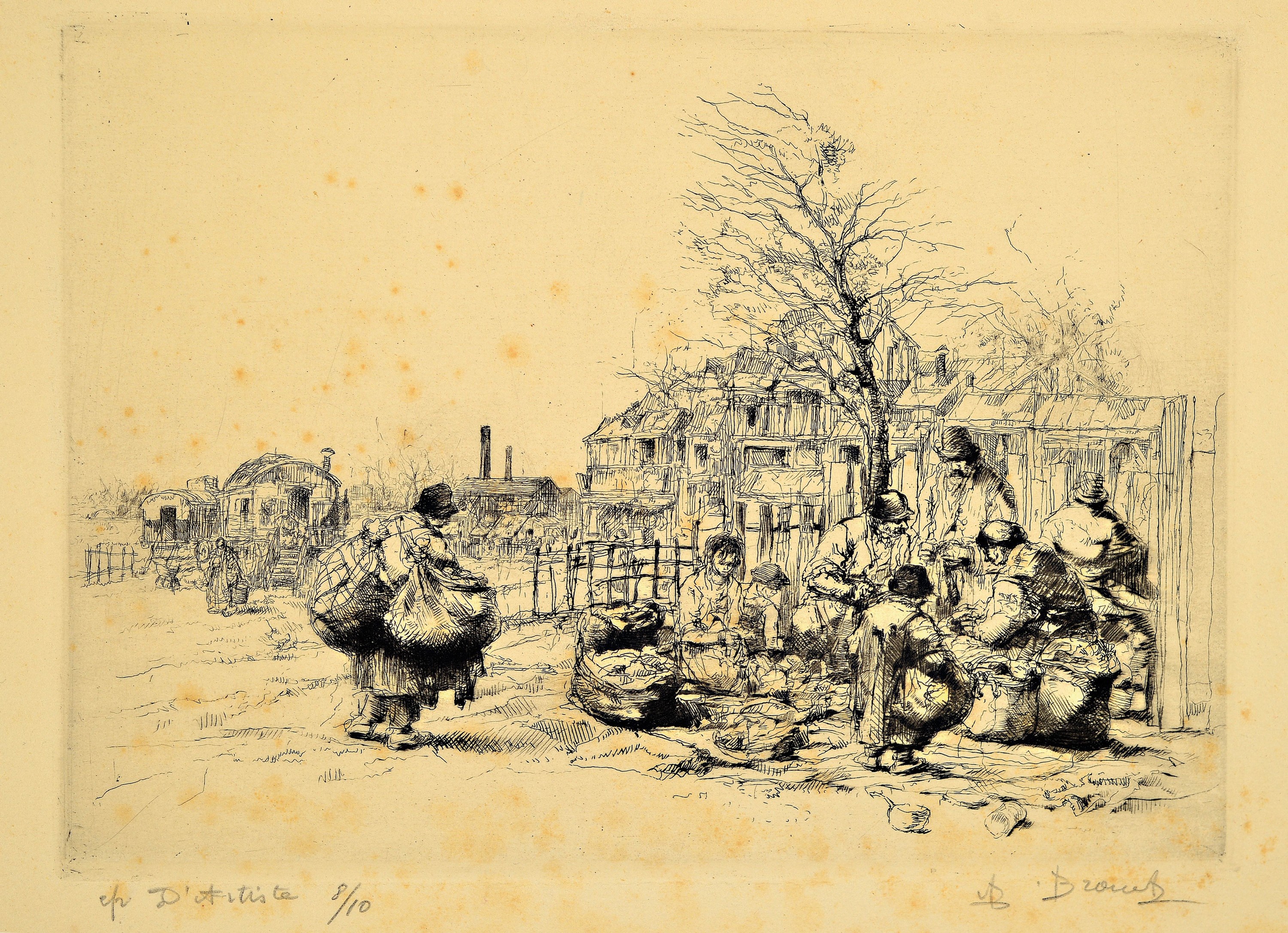 Auguste Brouet, 1872-1941, 2 Radierungen: a) Antiquitätenhändler in seinem Geschäft, sign., bez. Epr.d'artiste, ca. 13x18cm, ausserhalb der ...
